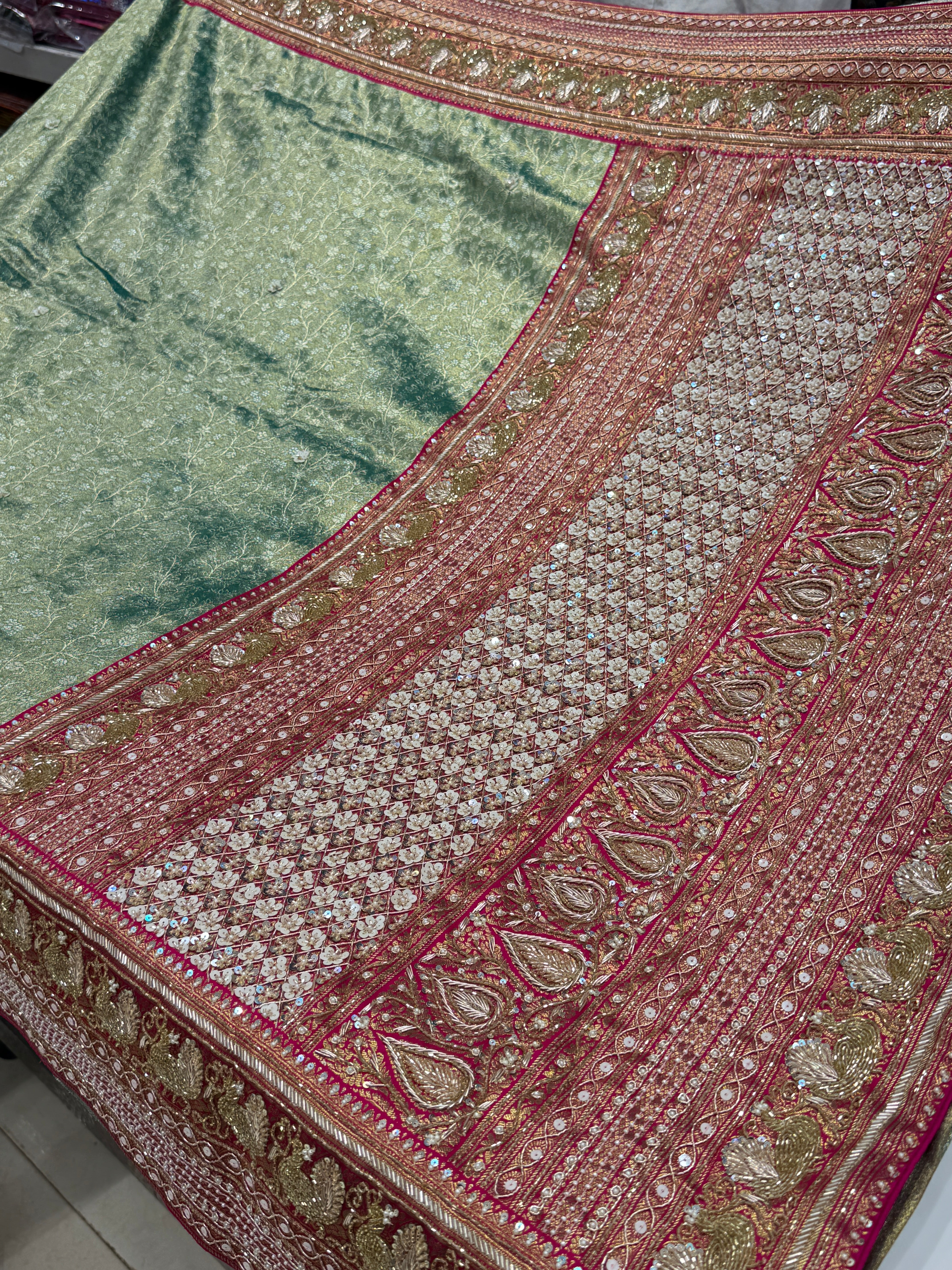 Green Rani Tissue Kanjivaram Hand Embroidery Saree