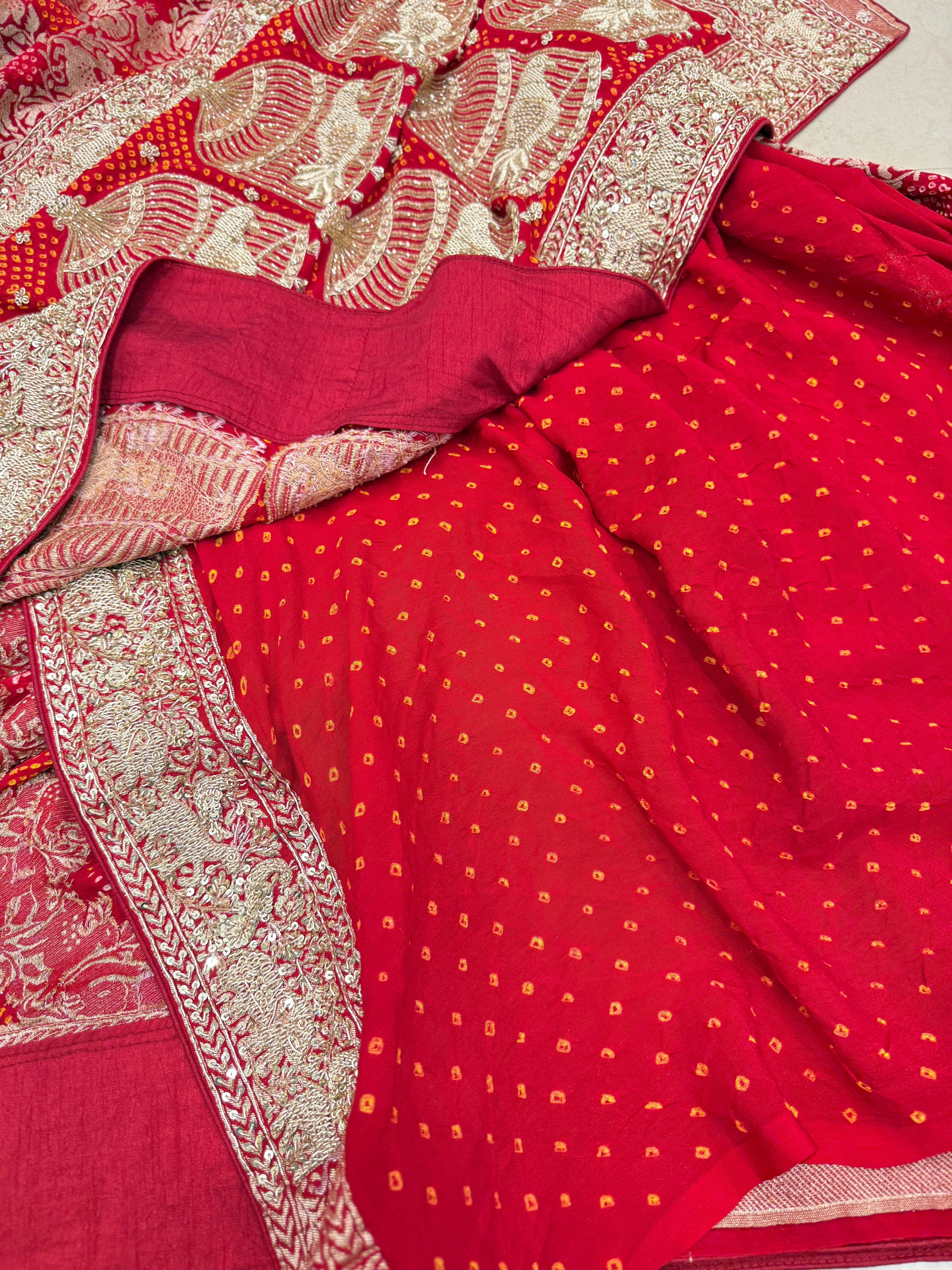 Red Shikara Sona Roopa Rai Bandhej Georgette Zardosi Hand Embroidery Saree