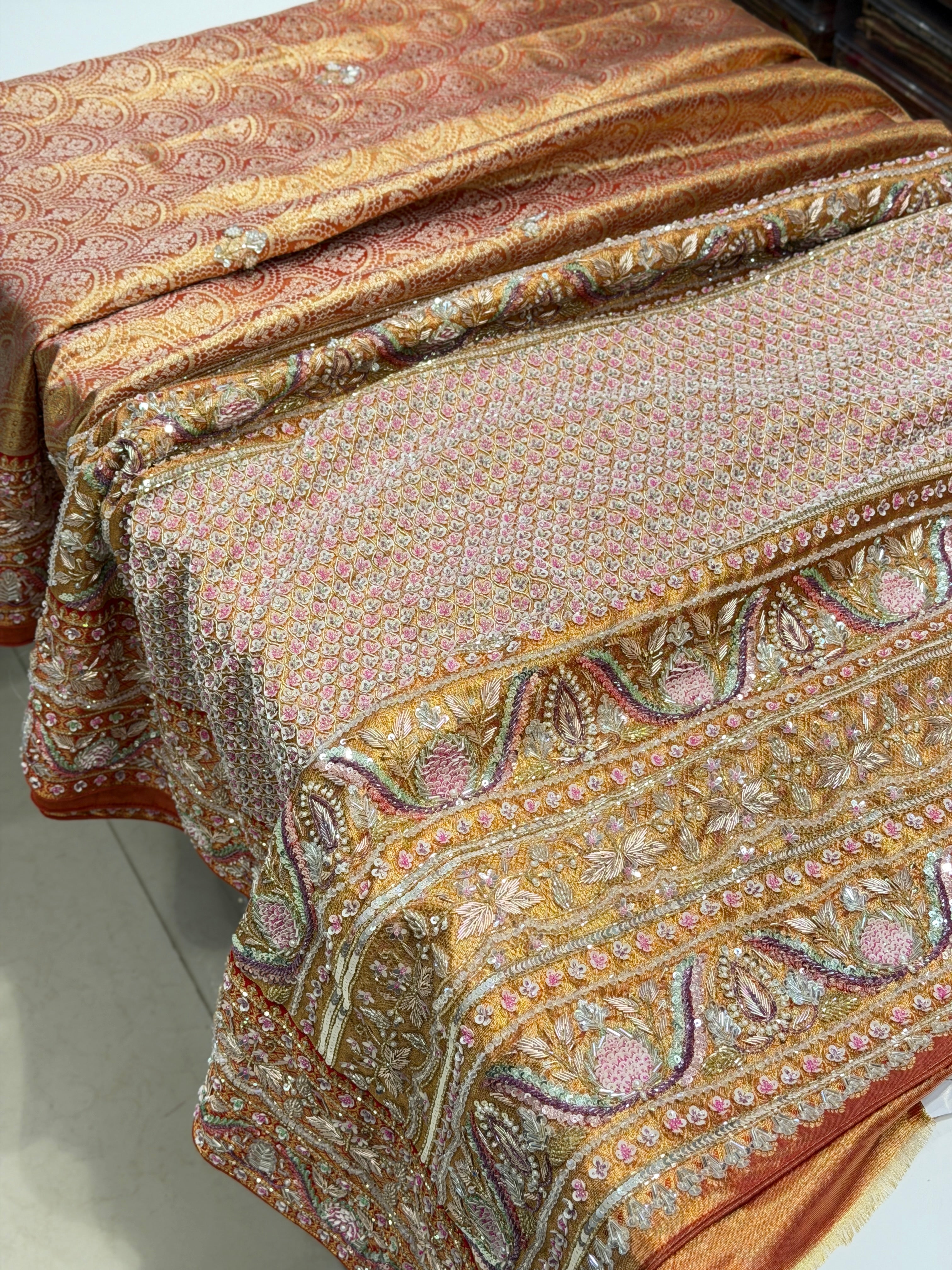 Red Jaal Tissue Kanjivaram Hand Embroidery Saree