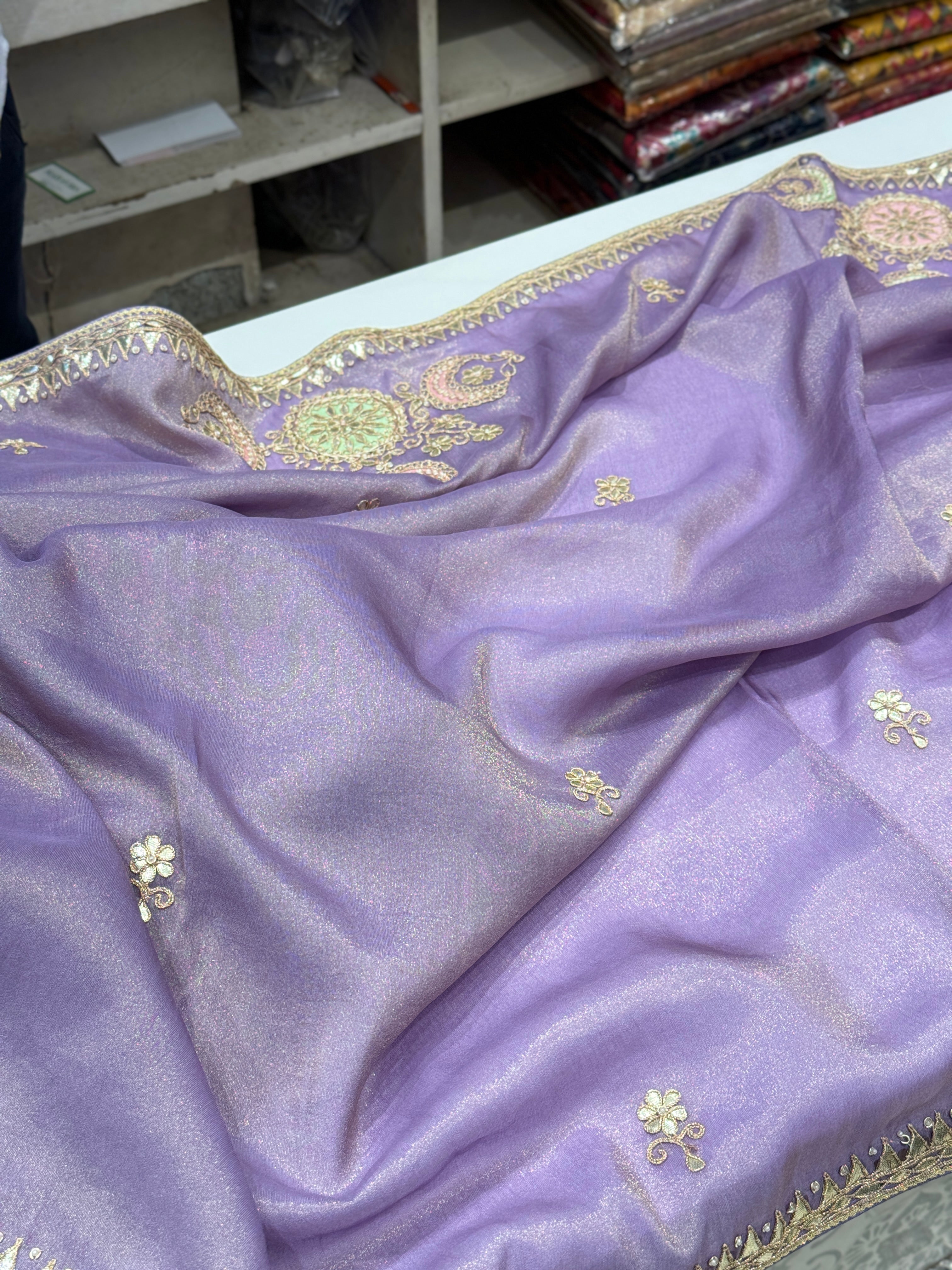 Lilac Crepe Tissue Patch Embroidery Gotapatti Saree