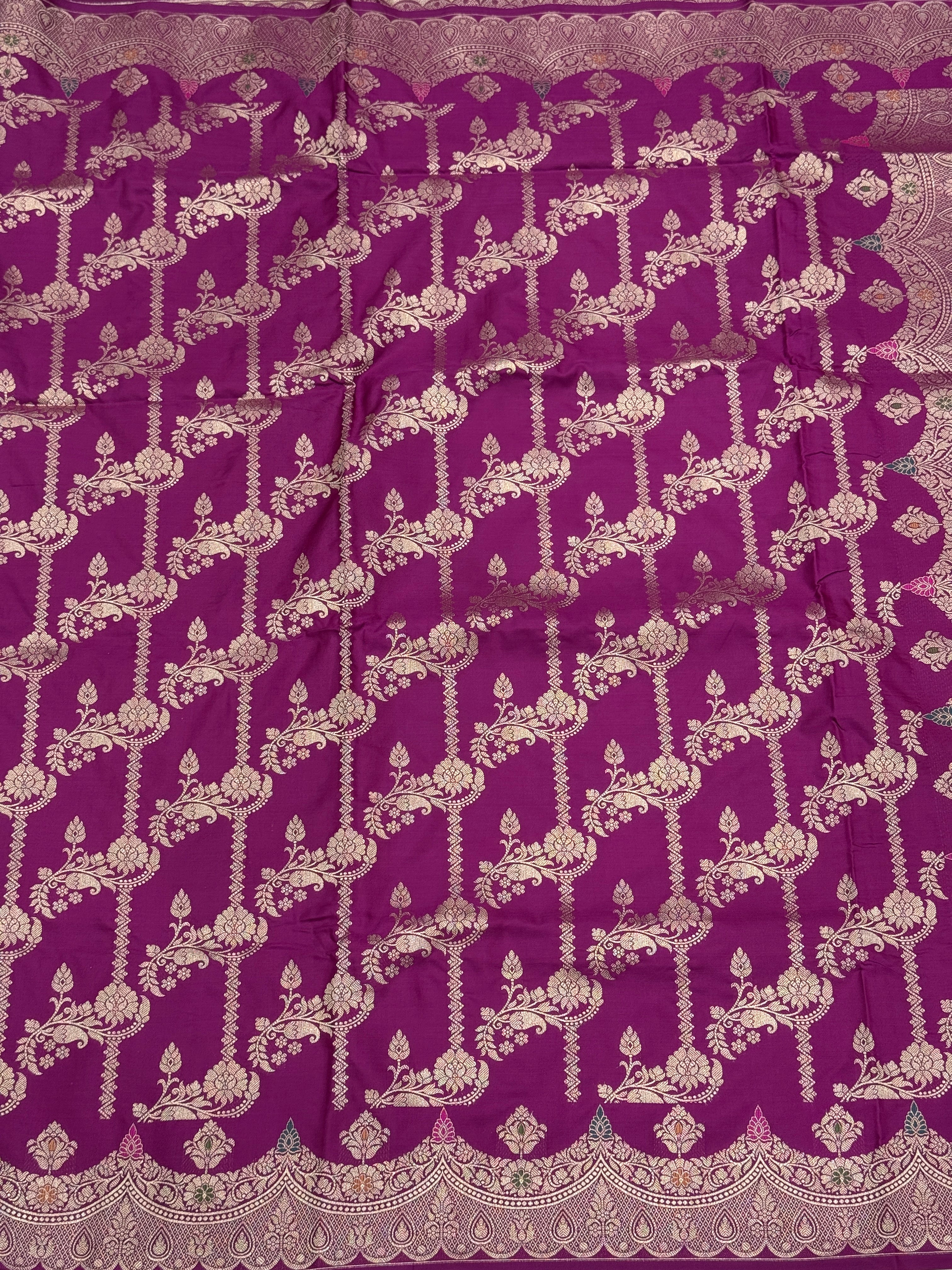 Wine Leheriya Scallop Banarasi Silk Saree