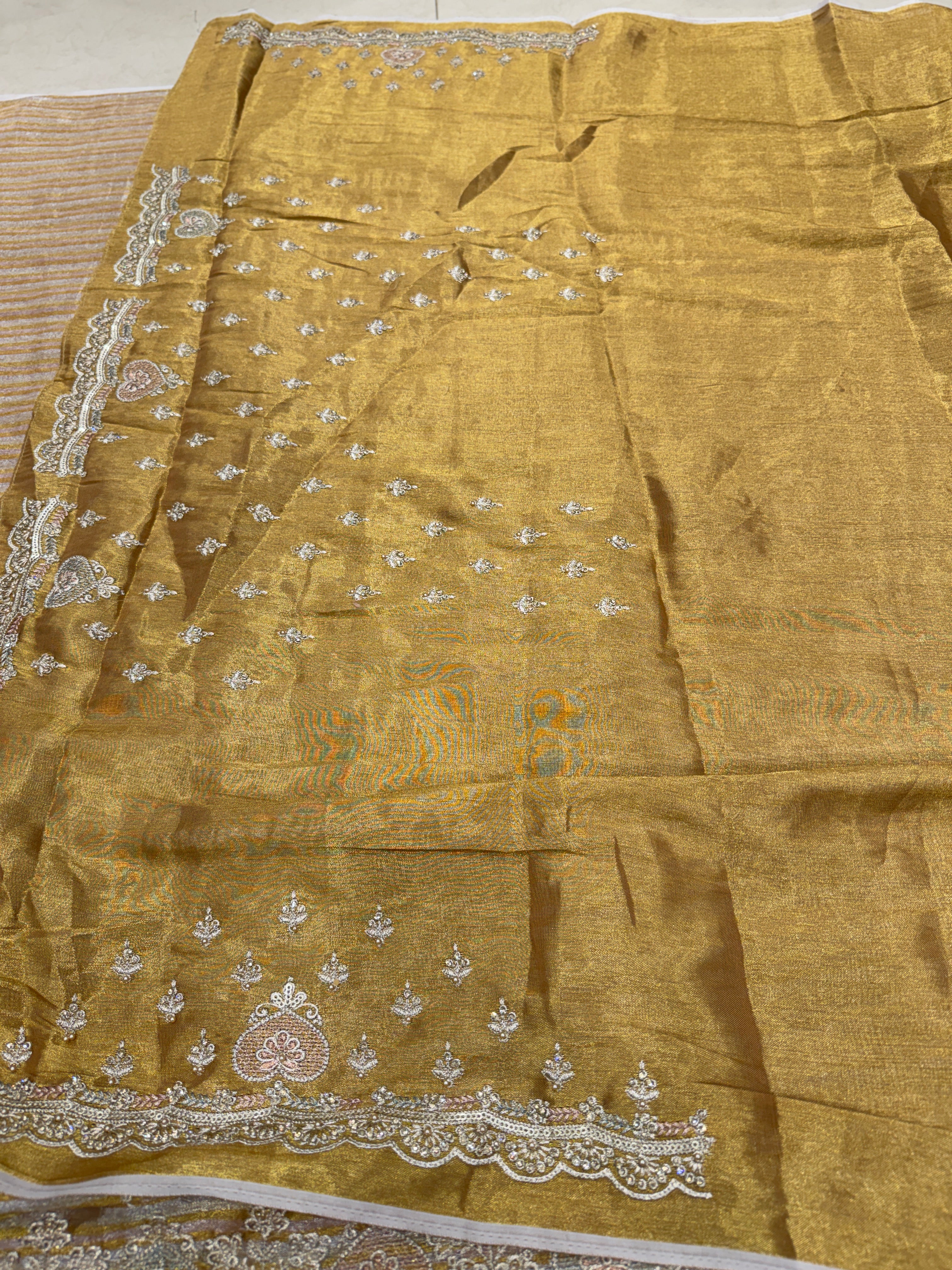 Golden Silver Soft Tissue Meenakari Pita Embroidery Saree