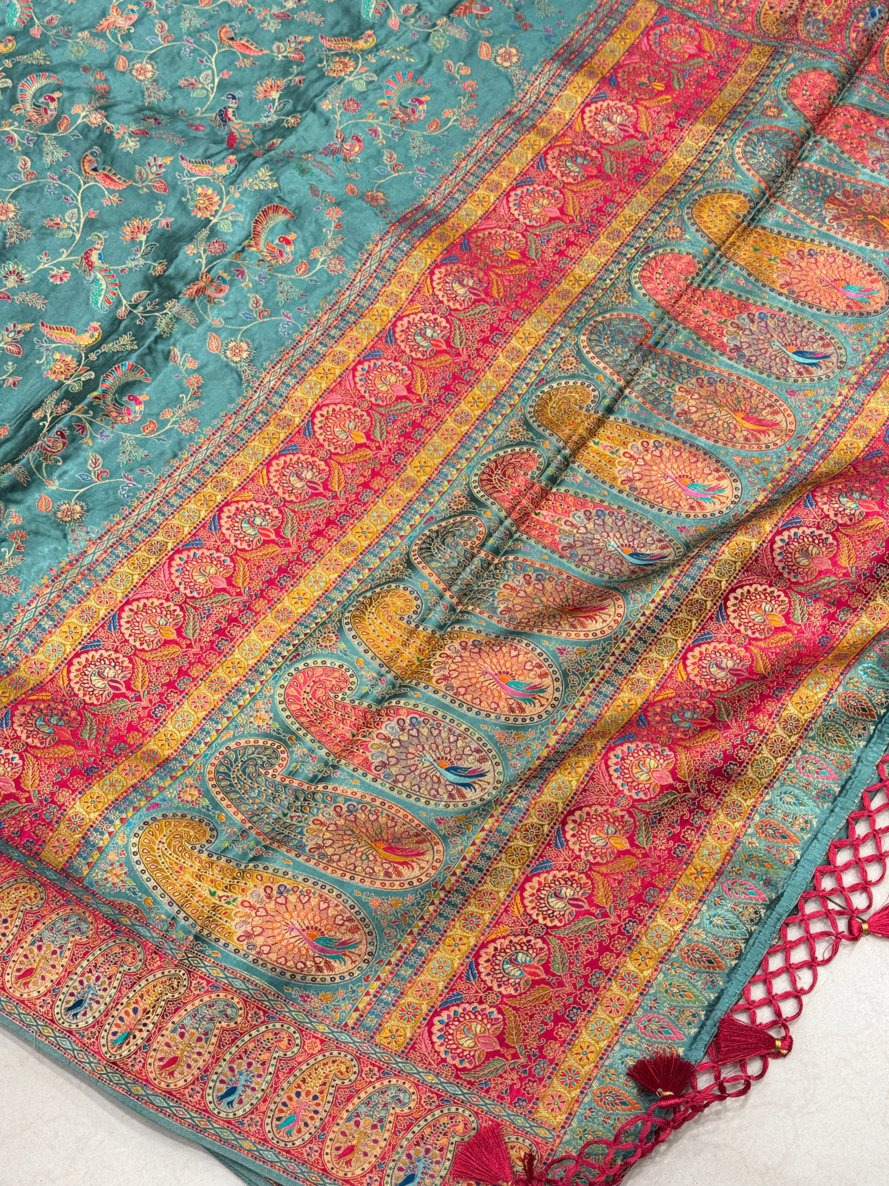 Firozi Banarasi Modal Satin Pashmina Style Jaal Saree