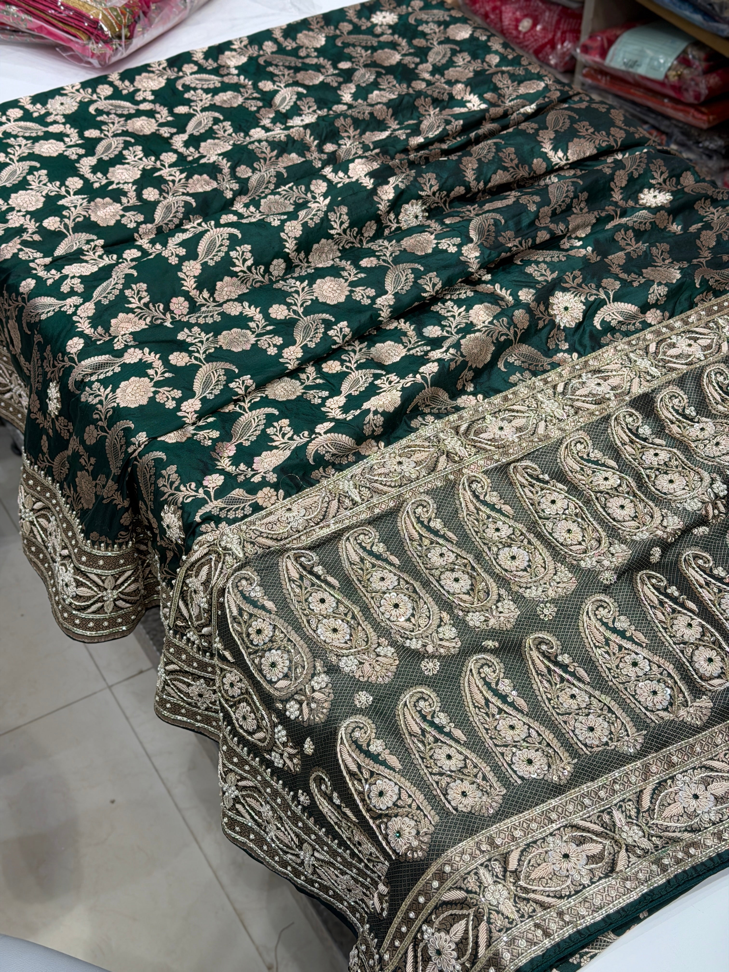 Bottle Green Jaal Handloom Banarasi Pure Katan Zardosi Embroidery Saree