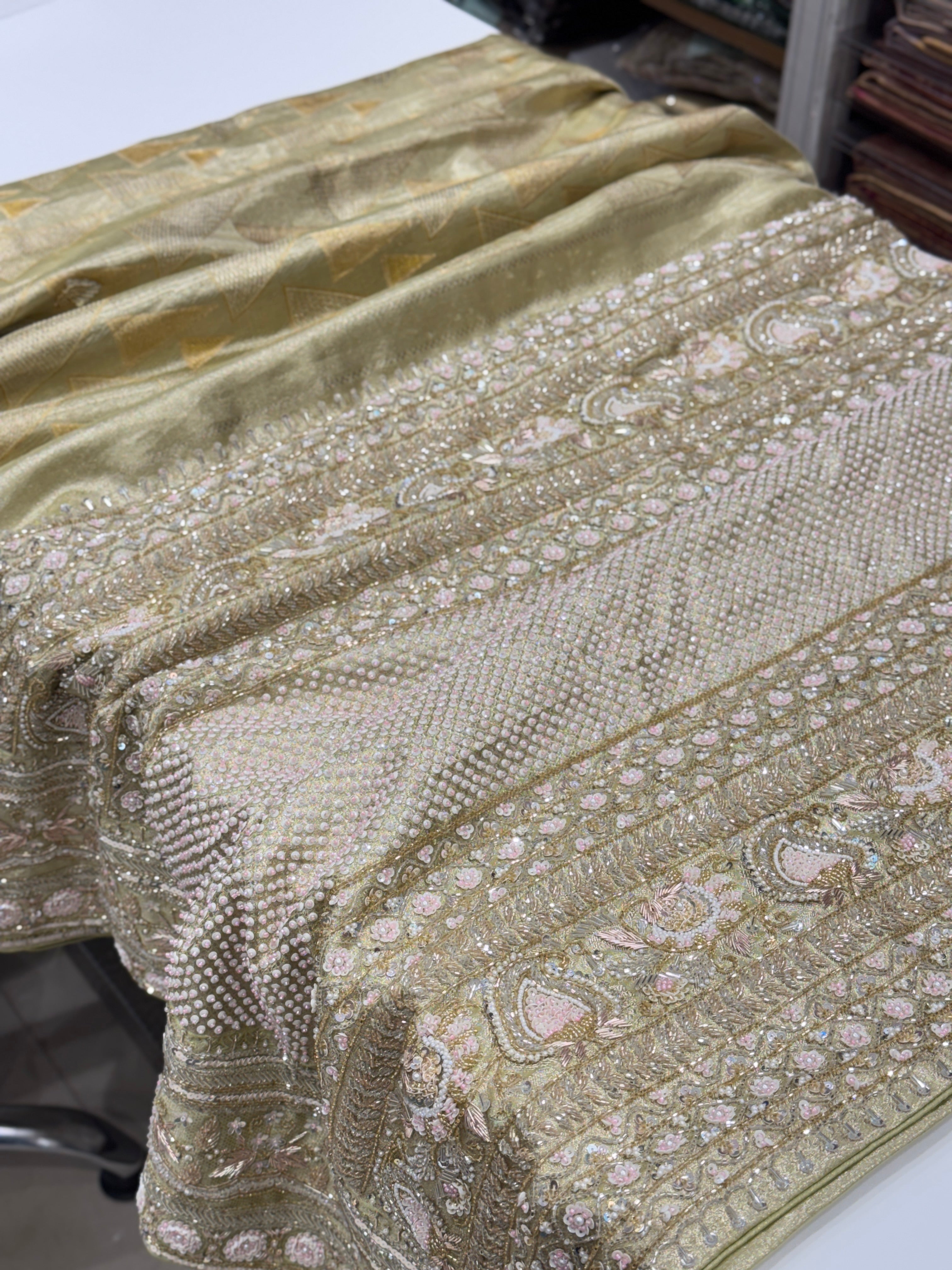 Green Contemporary Tissue Jaal Kanjivaram Hand Embroidery Saree