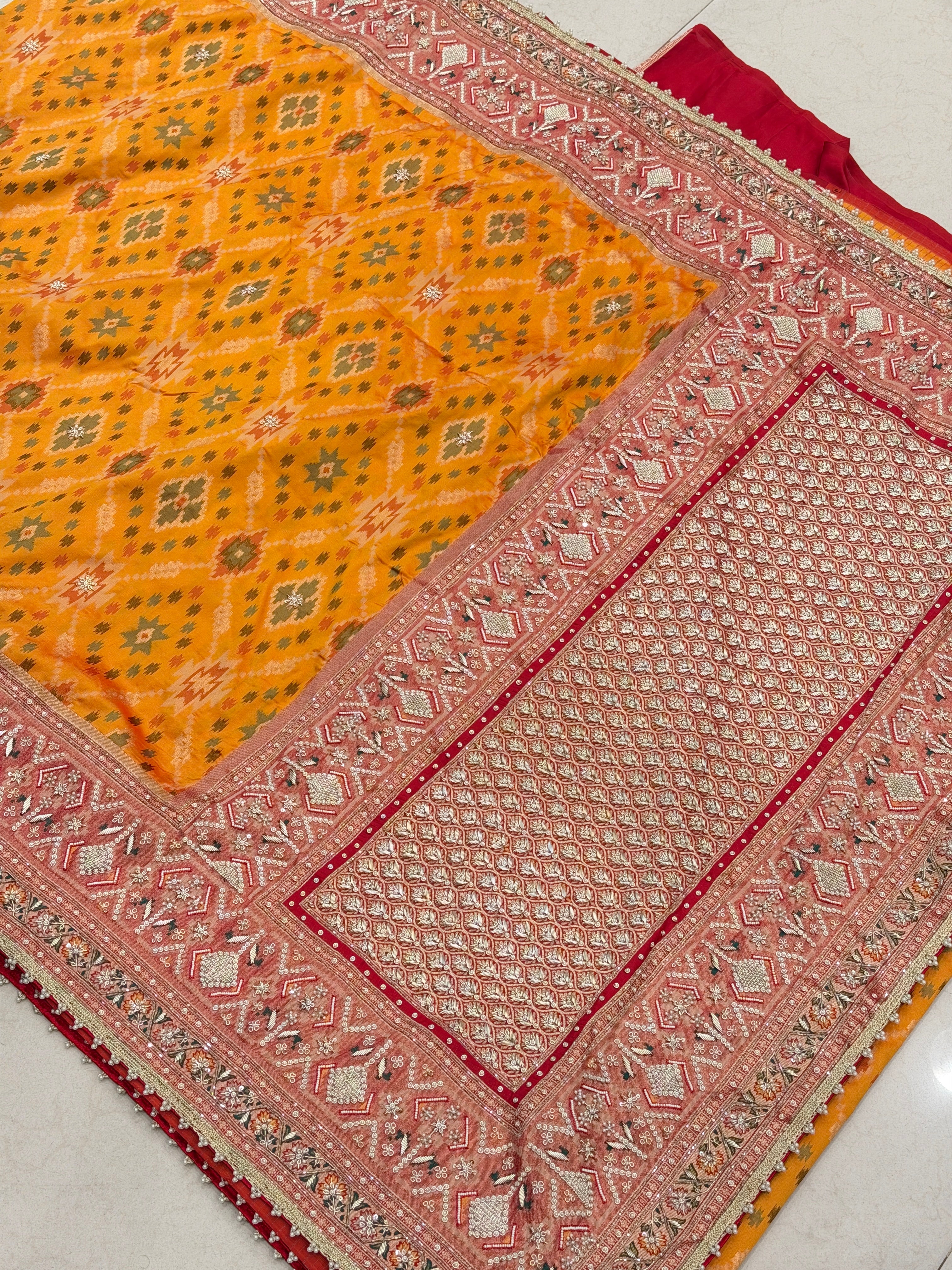 Orange Banarasi Patola Zardosi Hand Embroidery Moti Work Saree