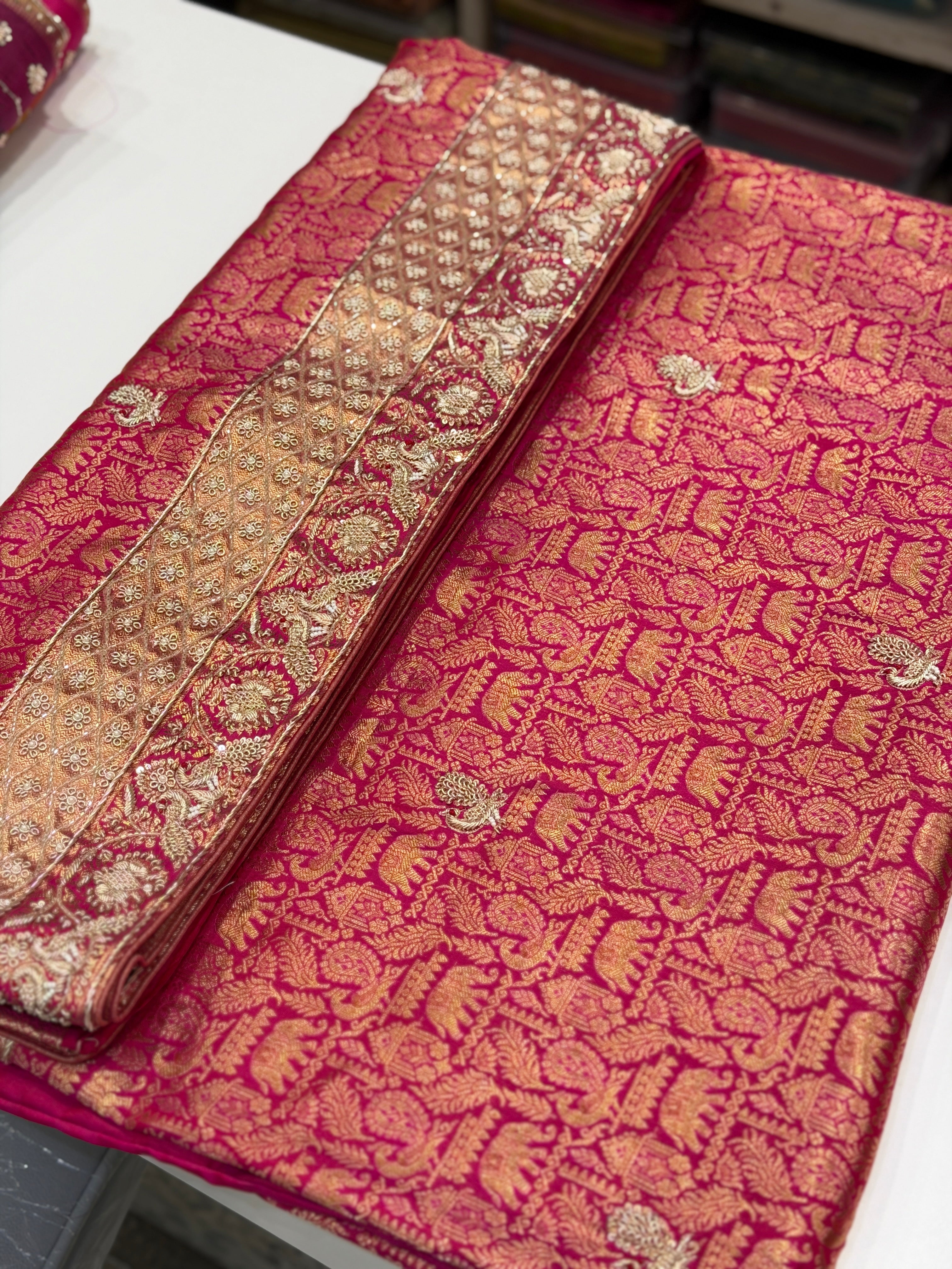 Rani Pink Kanjivaram Peacock Motifs Zardosi Hand Embroidery Saree