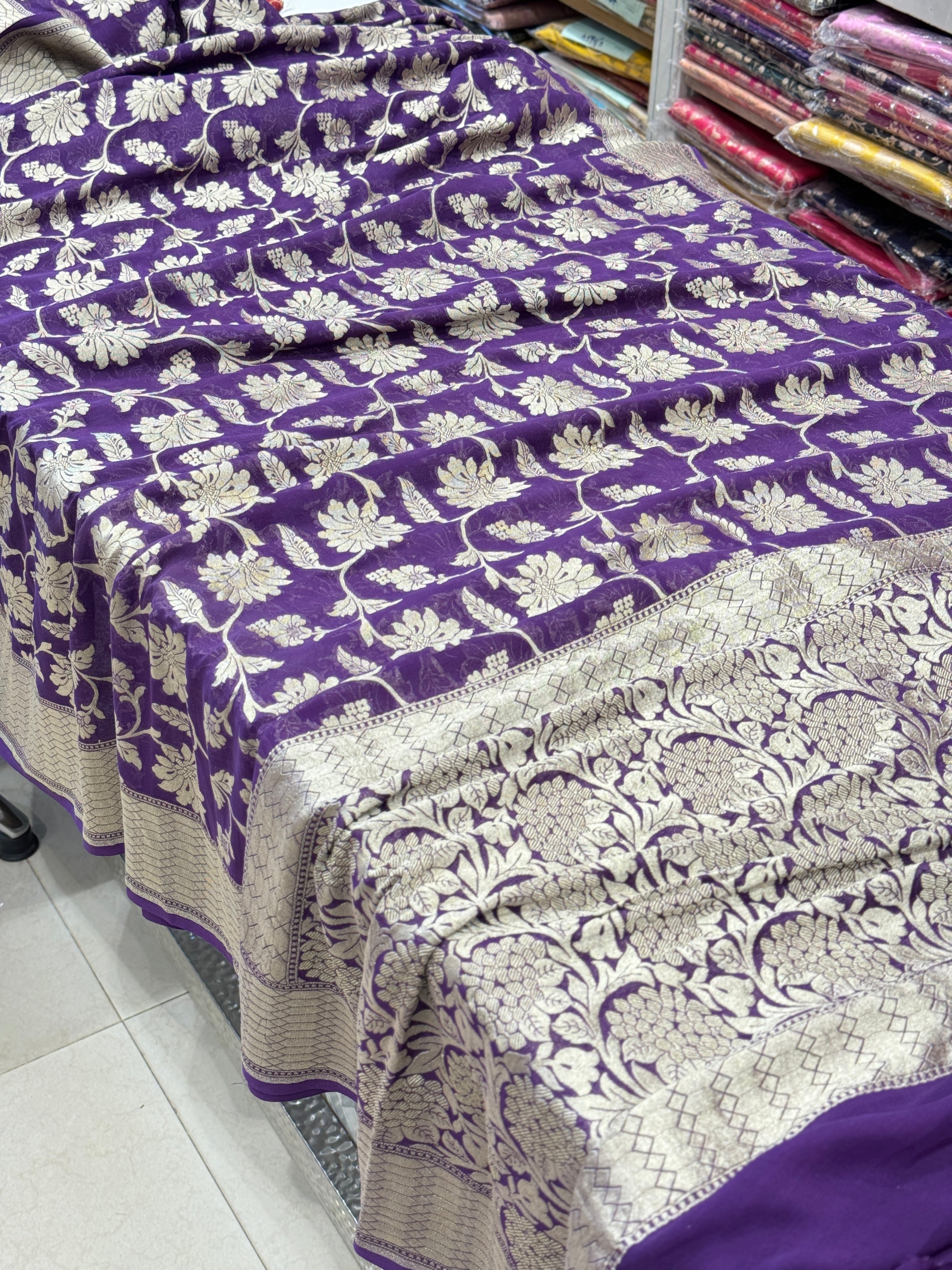 Purple Banarasi Floral Handloom Georgette Saree