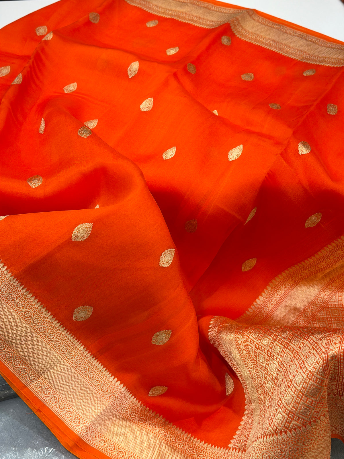Orange Buttis Handloom Banarasi Kora Silk Saree