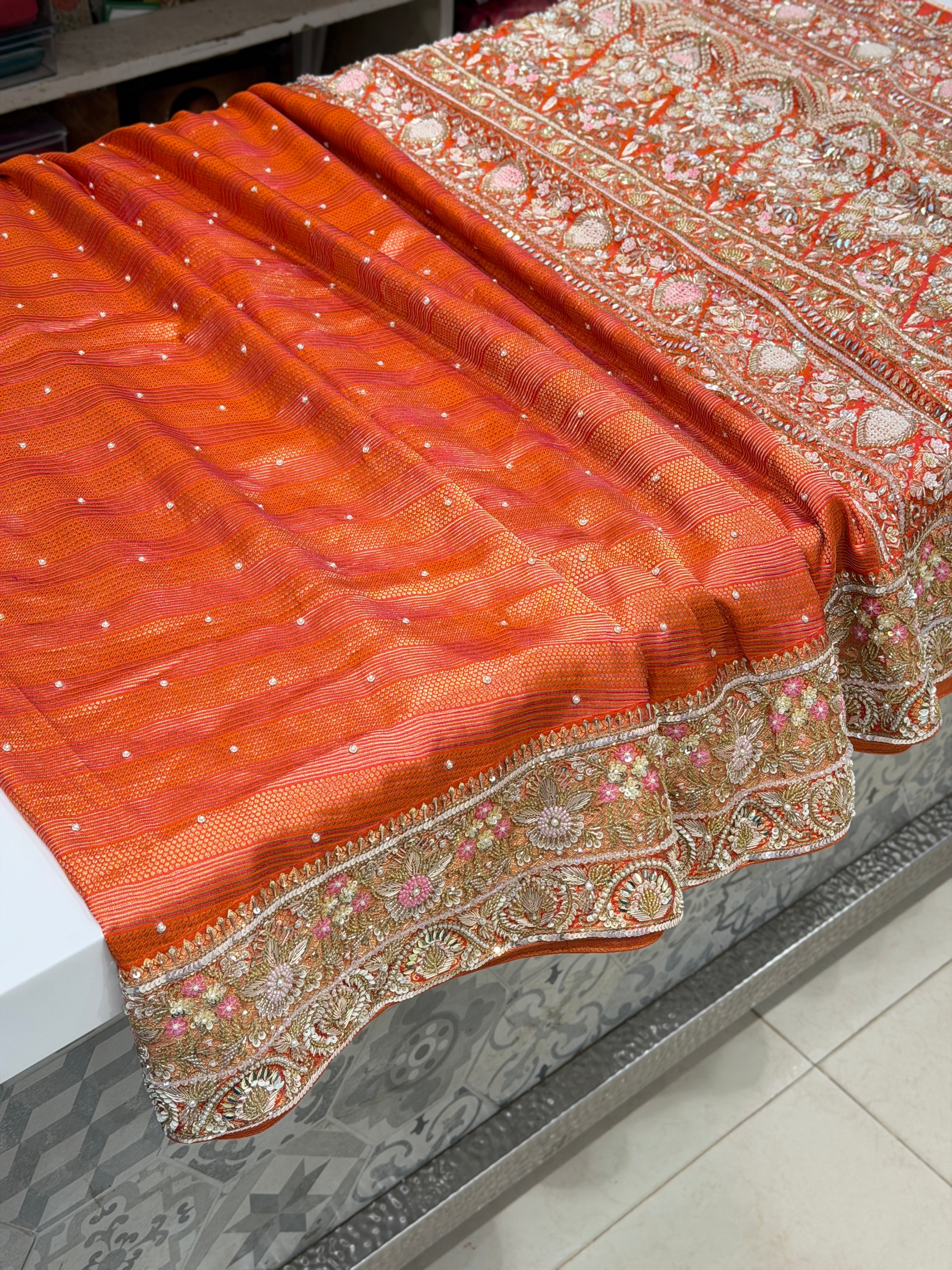 Orange Kanjivaram Moti Zardosi Hand Embroidery Saree