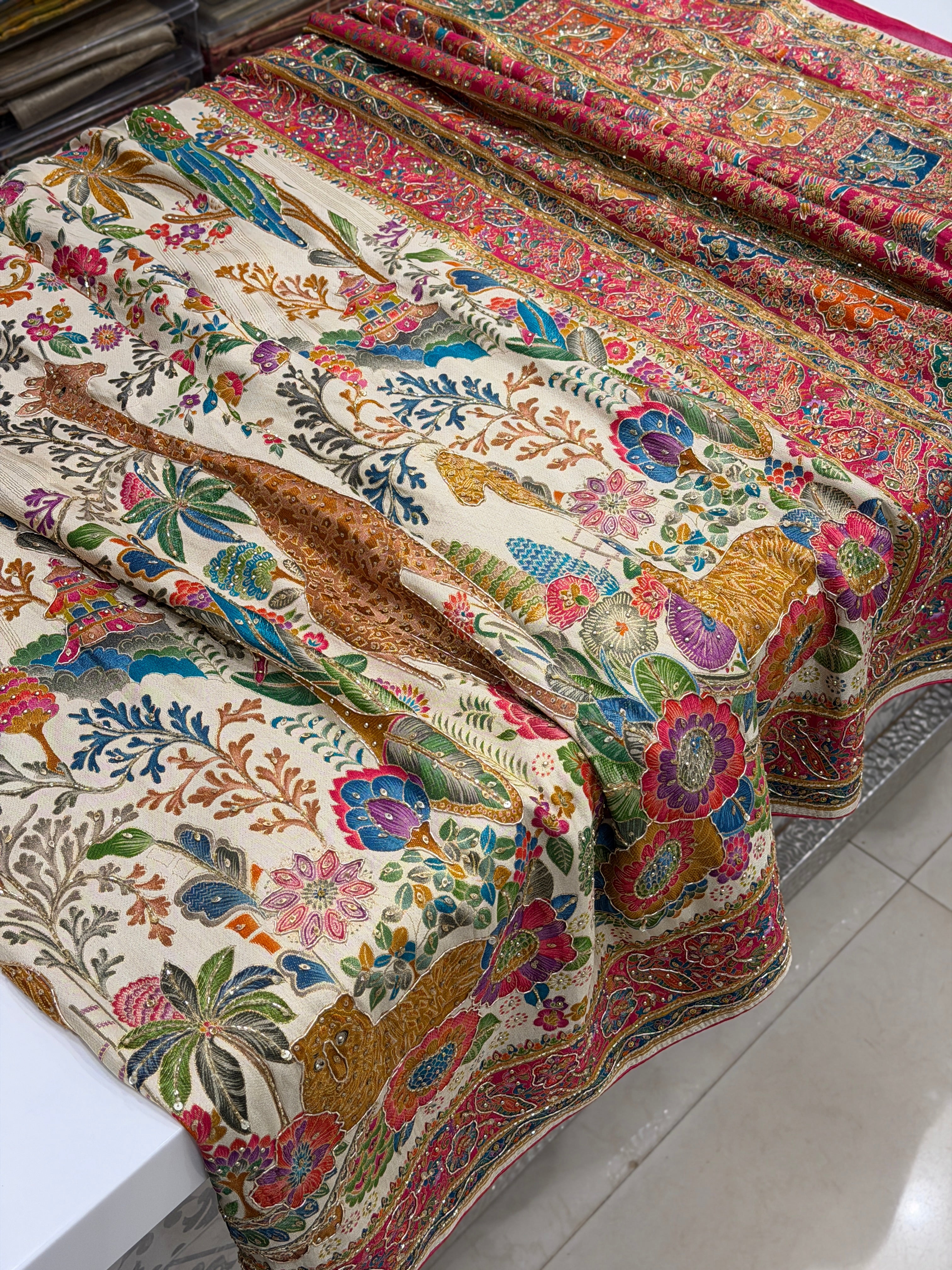 Beige Munga Forrest Essential Theme Pashmina Munga Hand Embroidery Saree