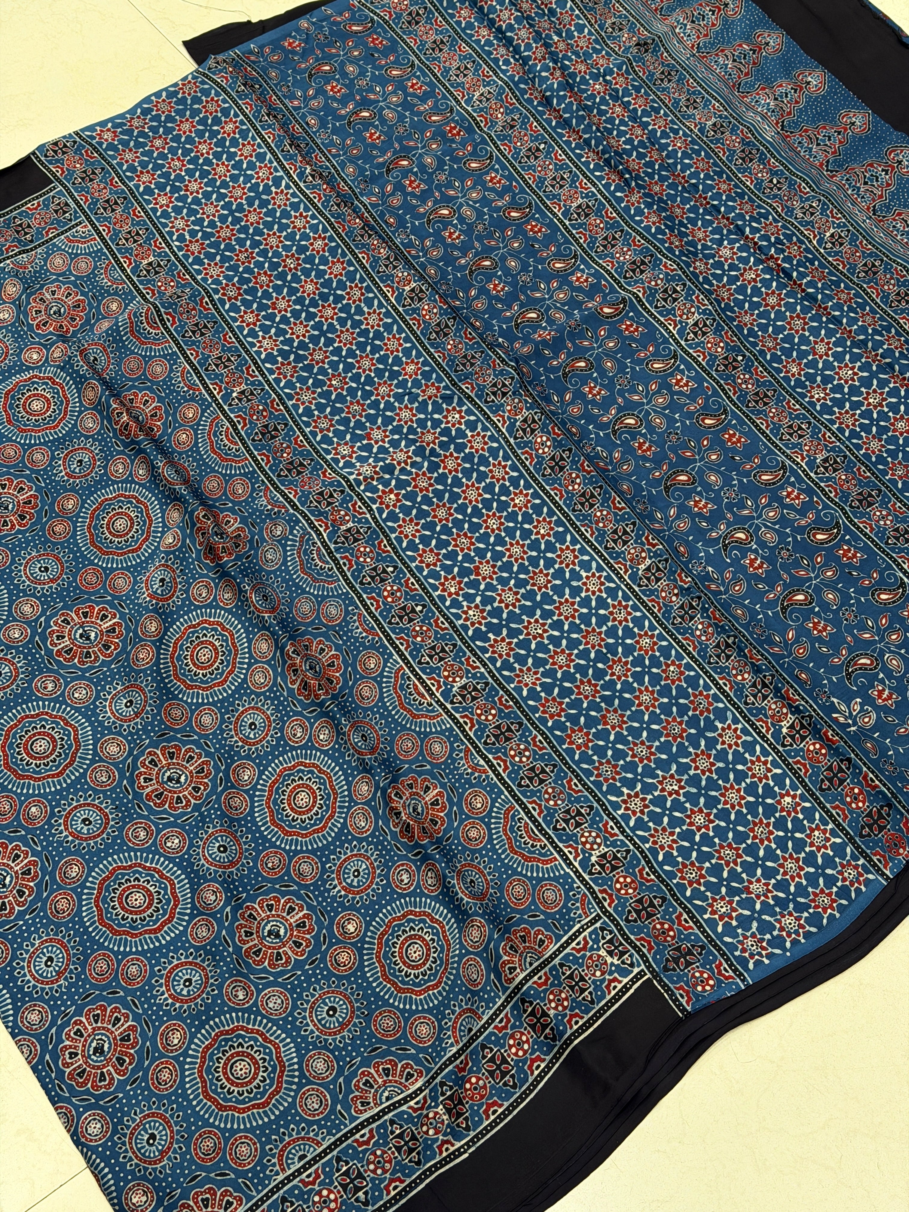 Blue Circles Ajrakh Hand Block Print Pure Modal Silk Saree