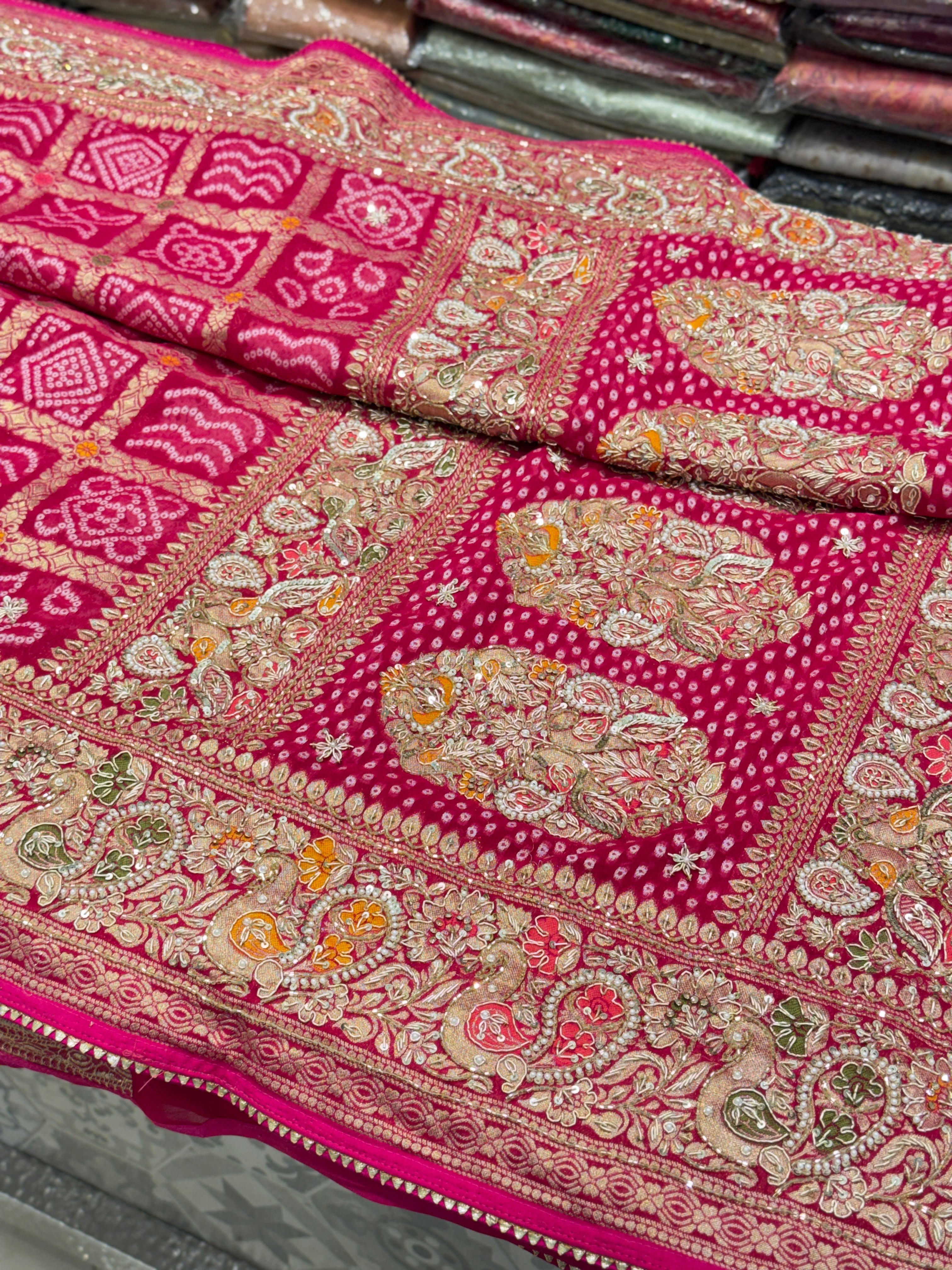 Rani Gharchola Weaved Bandhej Georgette Zardosi Hand Embroidery Saree