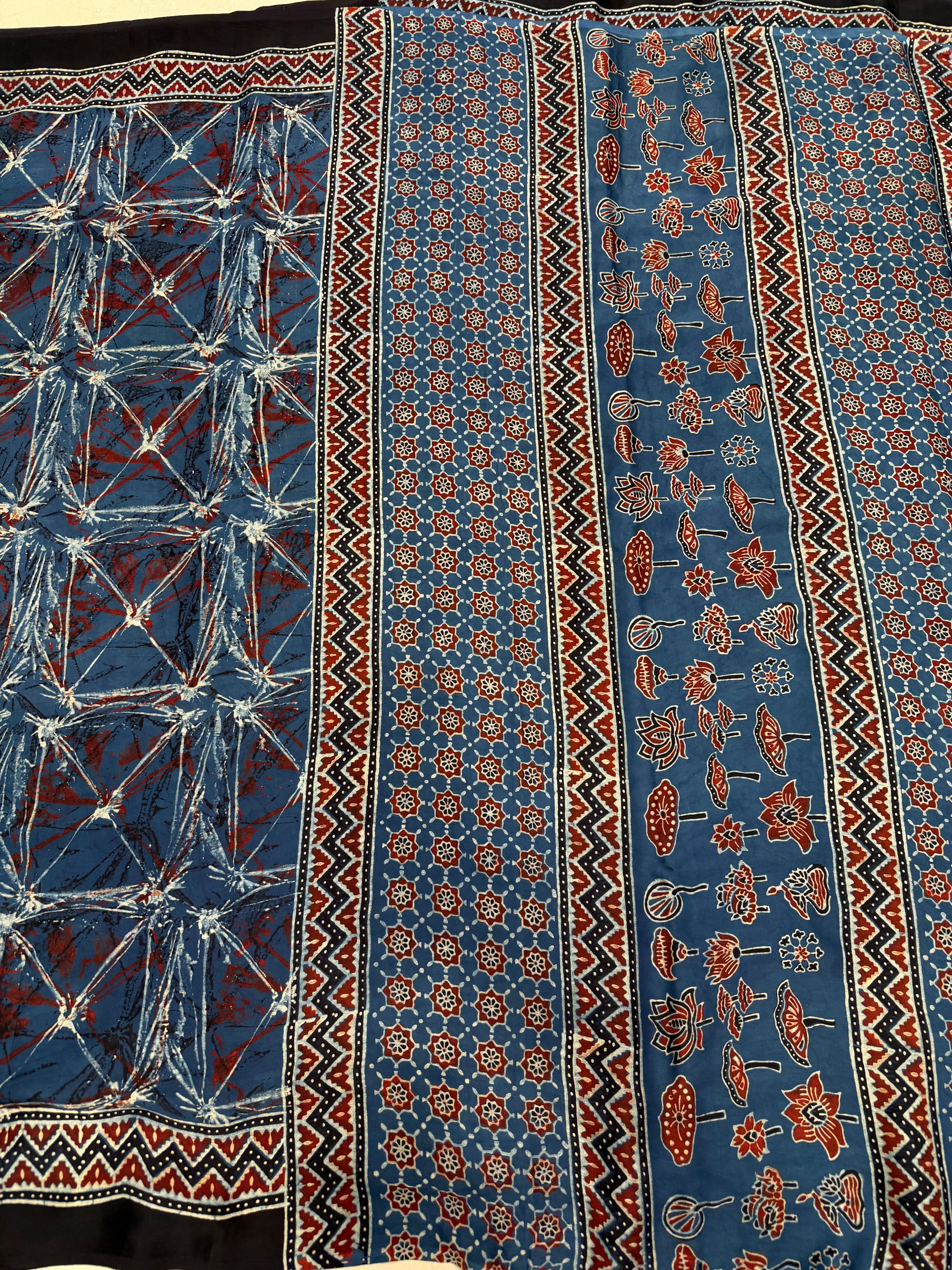 Blue Contemporary Ajrakh Hand Block Print Pure Gajji Silk Saree