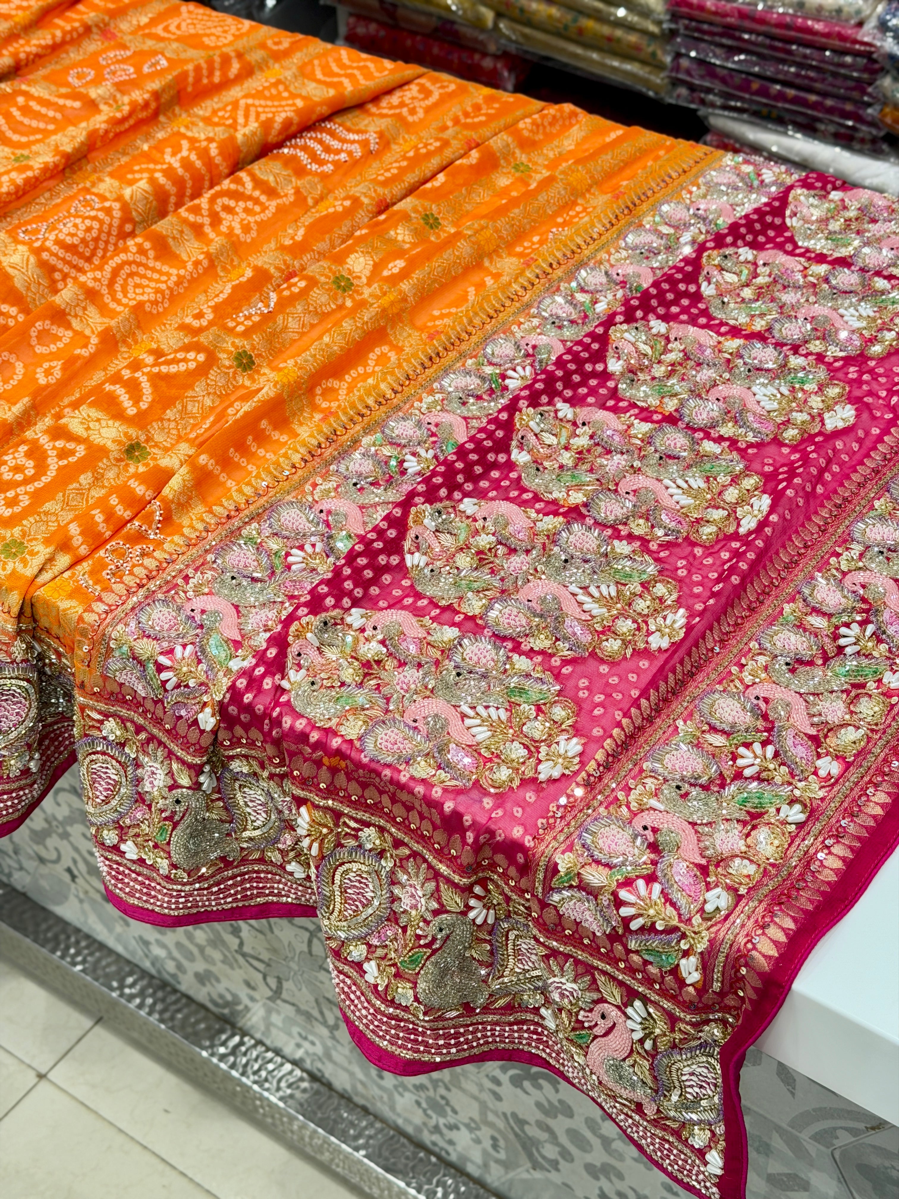 Orange Rani Gharchola Moti Sequin Zardosi Hand Embroidery Georgette Saree