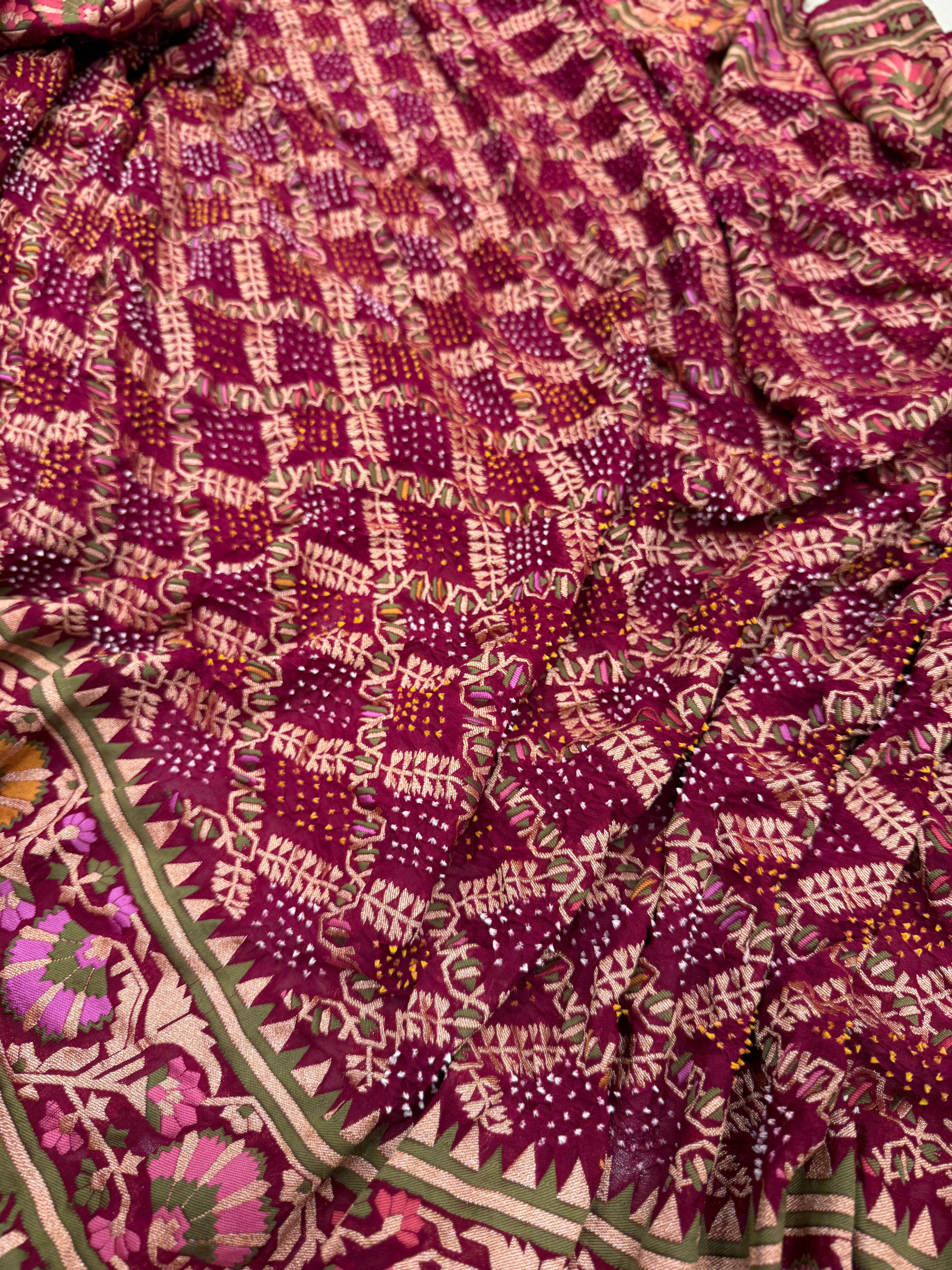 Wine Meenakari Rai Bandhej Floral Border Saree