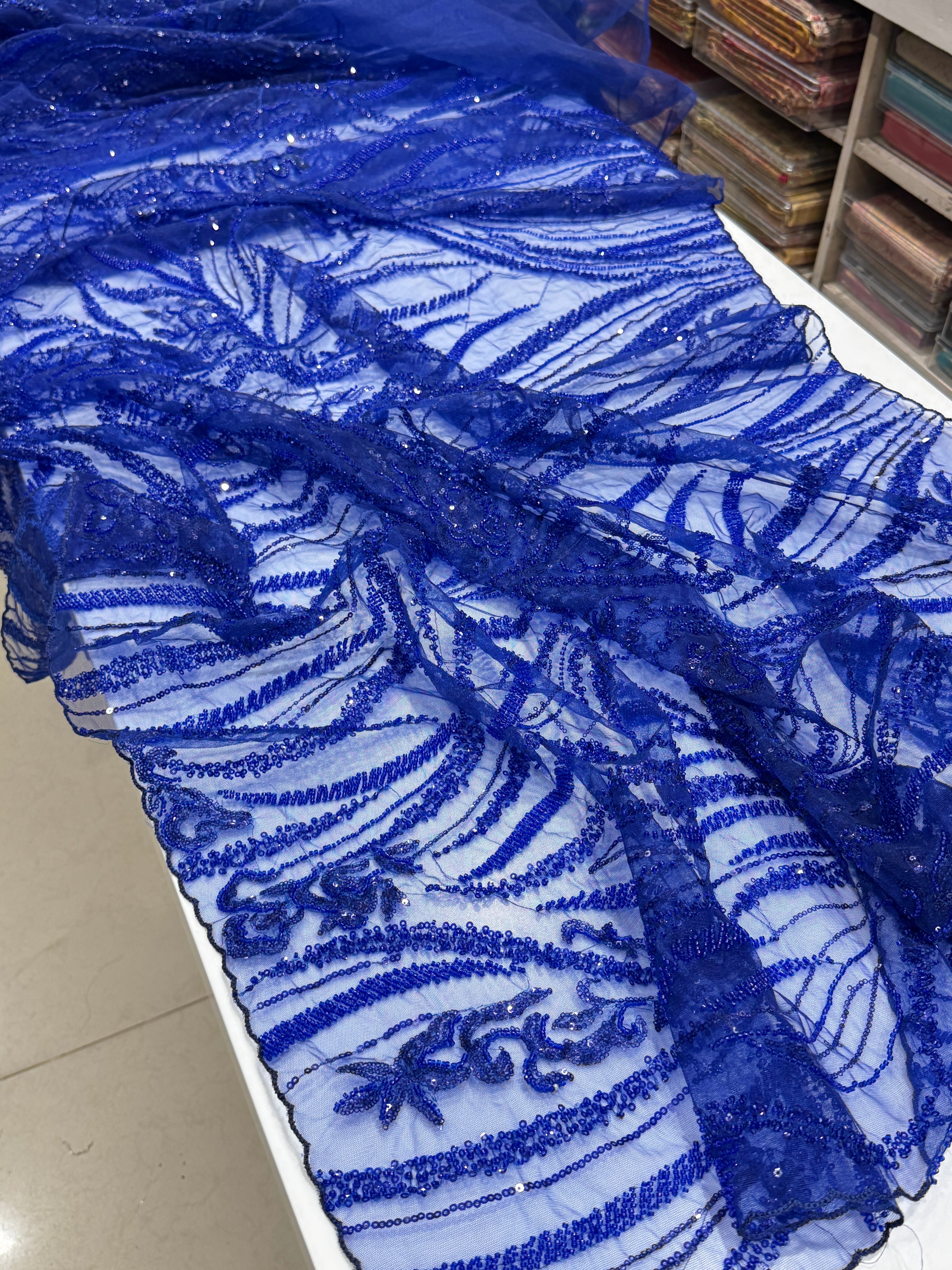 Royal Blue Soft Net Moti Sequin Embroidery Saree