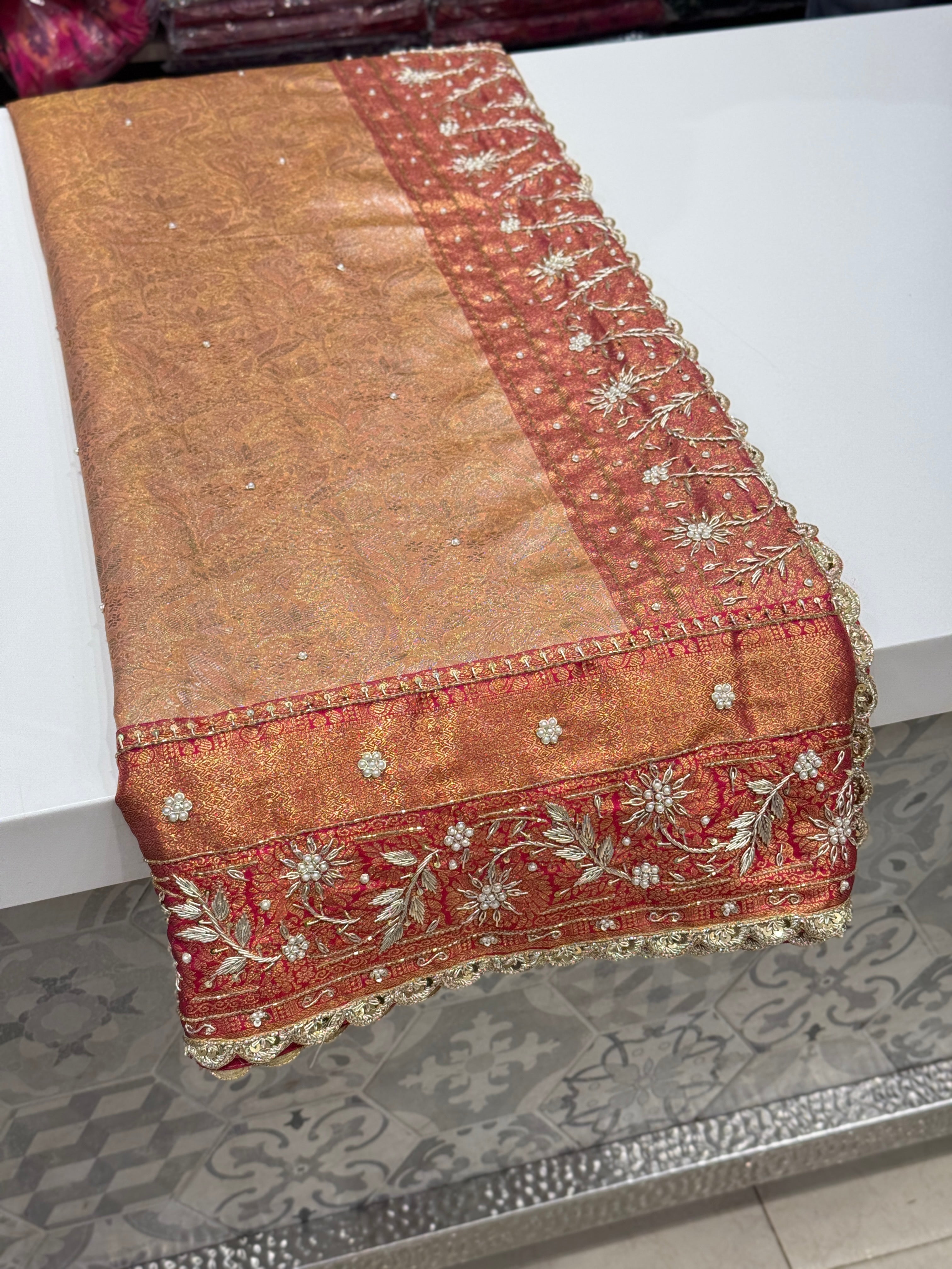 Peach Tissue Kanjivaram Hand Embroidery Saree