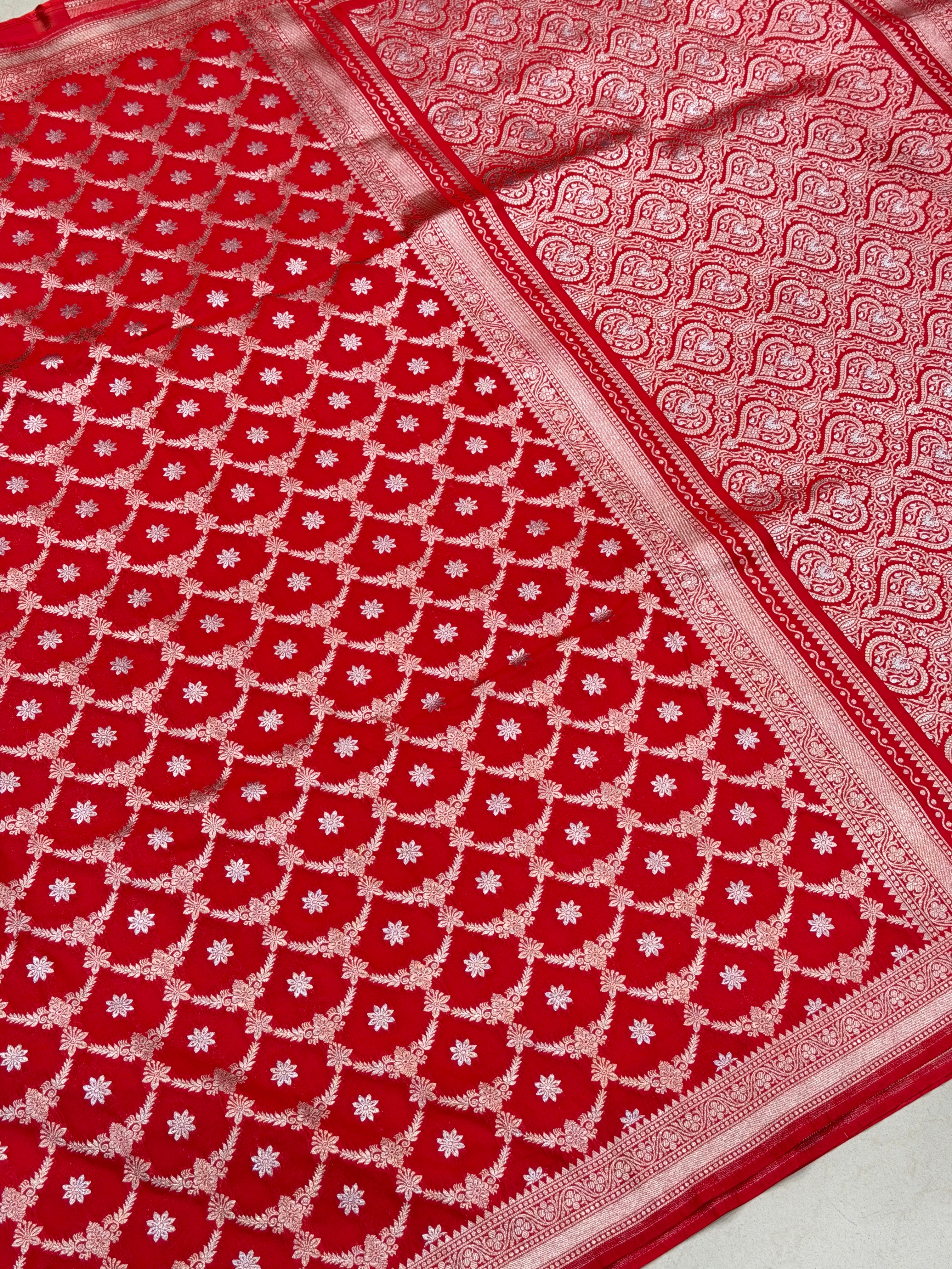 Red Silver Zari Banarasi Silk Jaal Saree