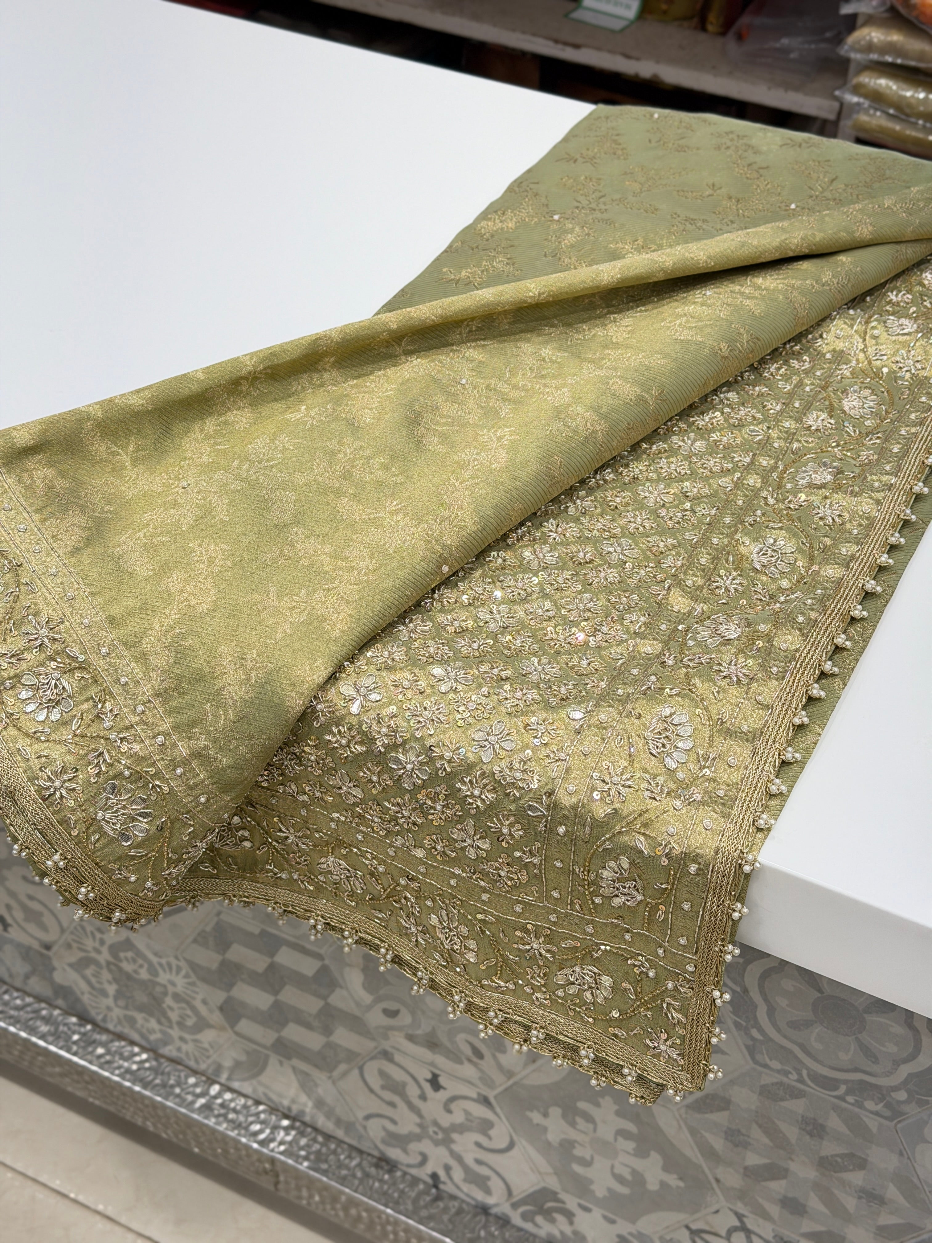 Pista Green Tissue Hand Embroidery Zardosi gota Saree