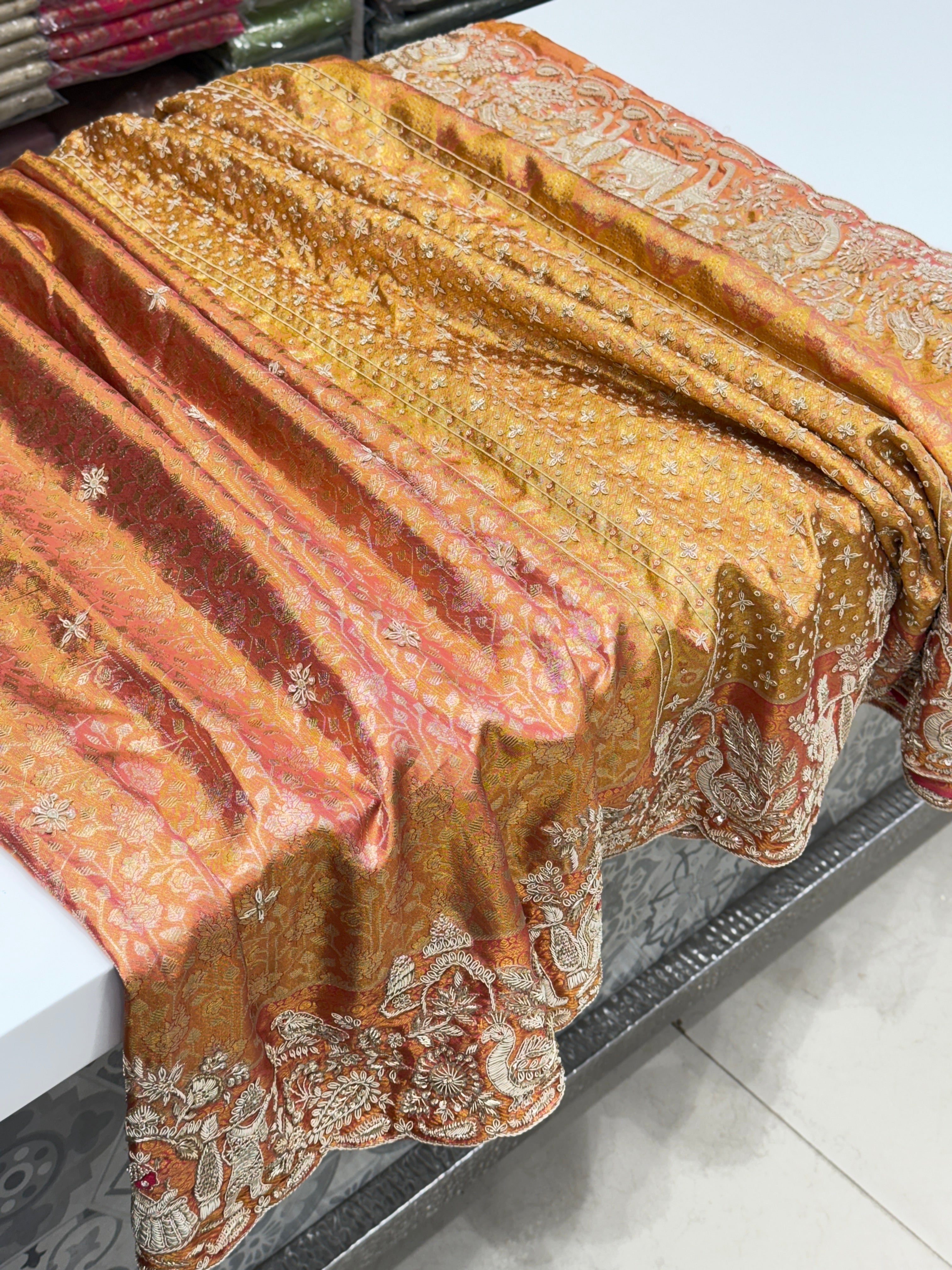 Rust Tissue Kanjivaram Zardosi Doli Hand Embroidery Saree