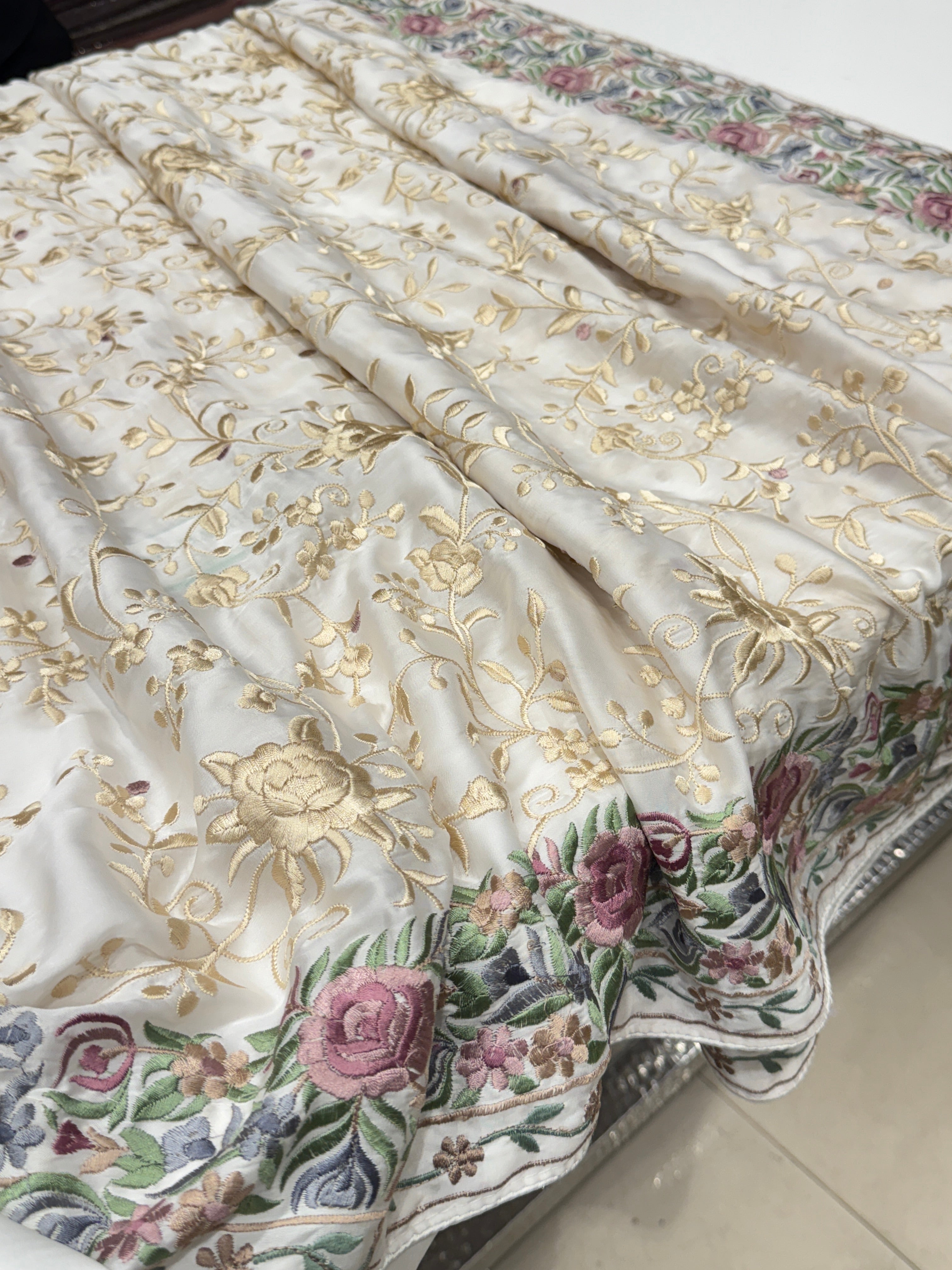 White Georgette Multi Colour Jaal Parsi Gara Saree