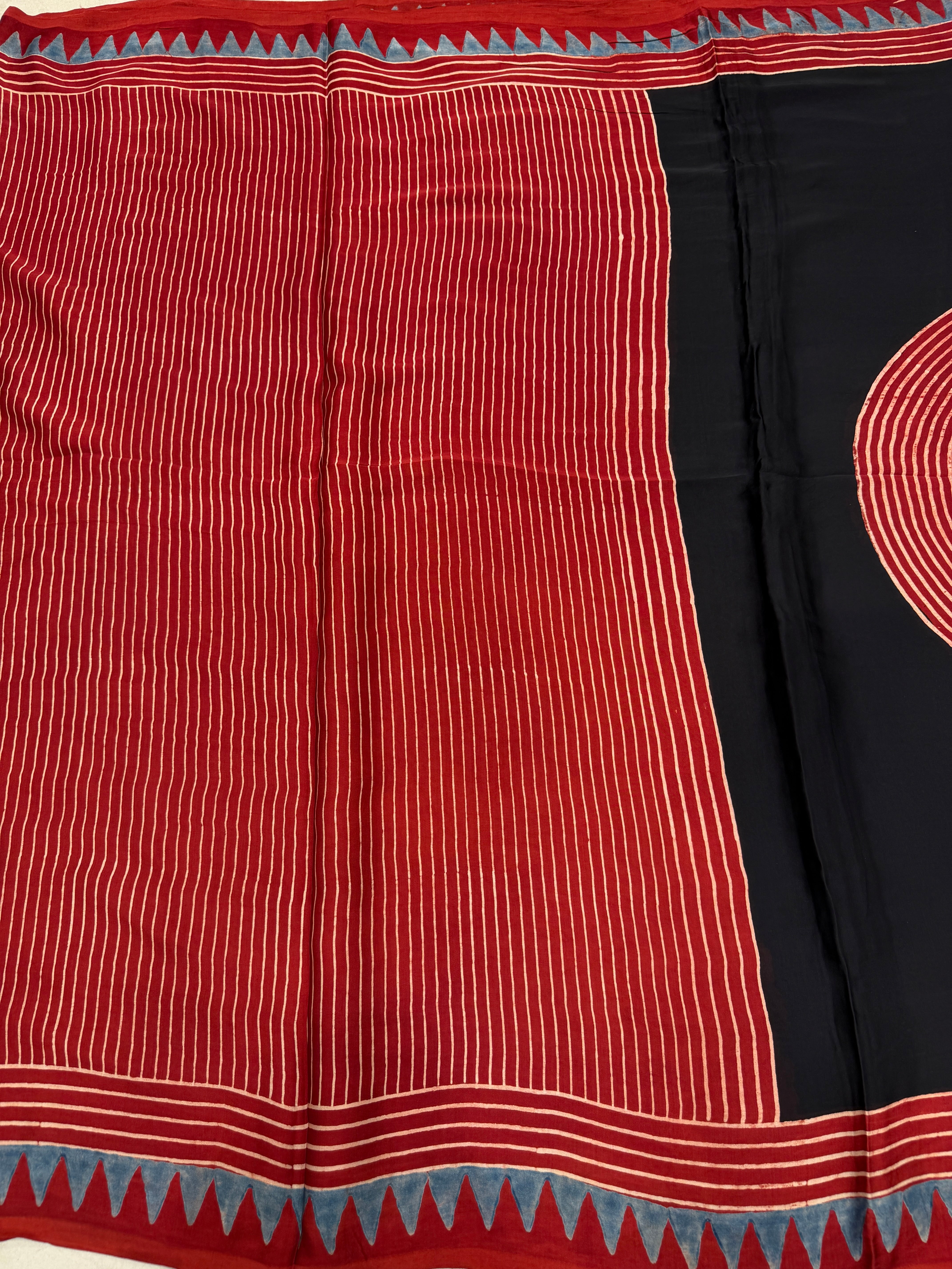 Red Contemporary Spiral Pallu Ajrakh Block Print Hand Pure Gajji Silk Saree