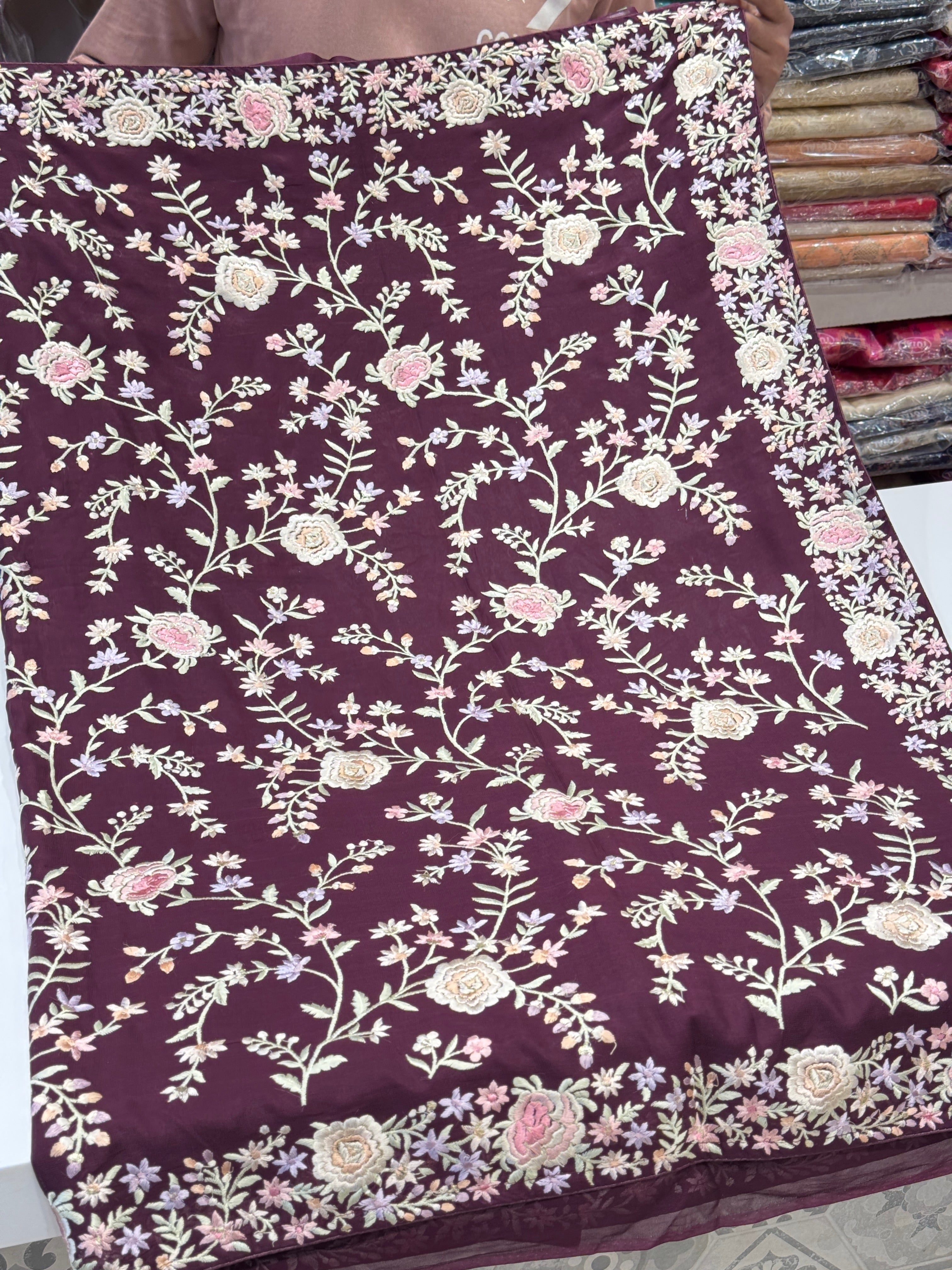 Wine Floral Parsi Gara Jaal Saree