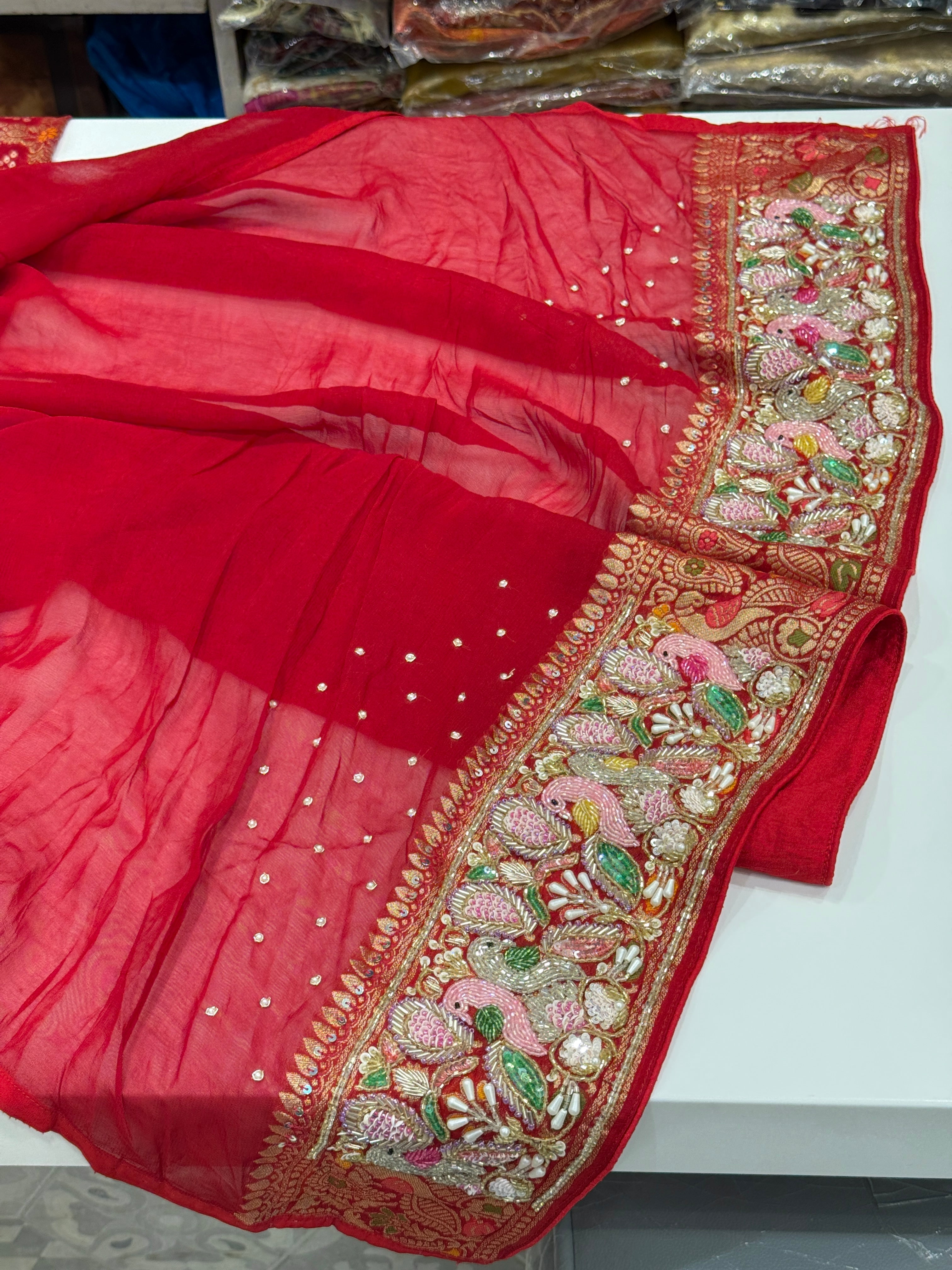 Red Gharchola Moti Sequin Zardosi Hand Embroidery Georgette Saree