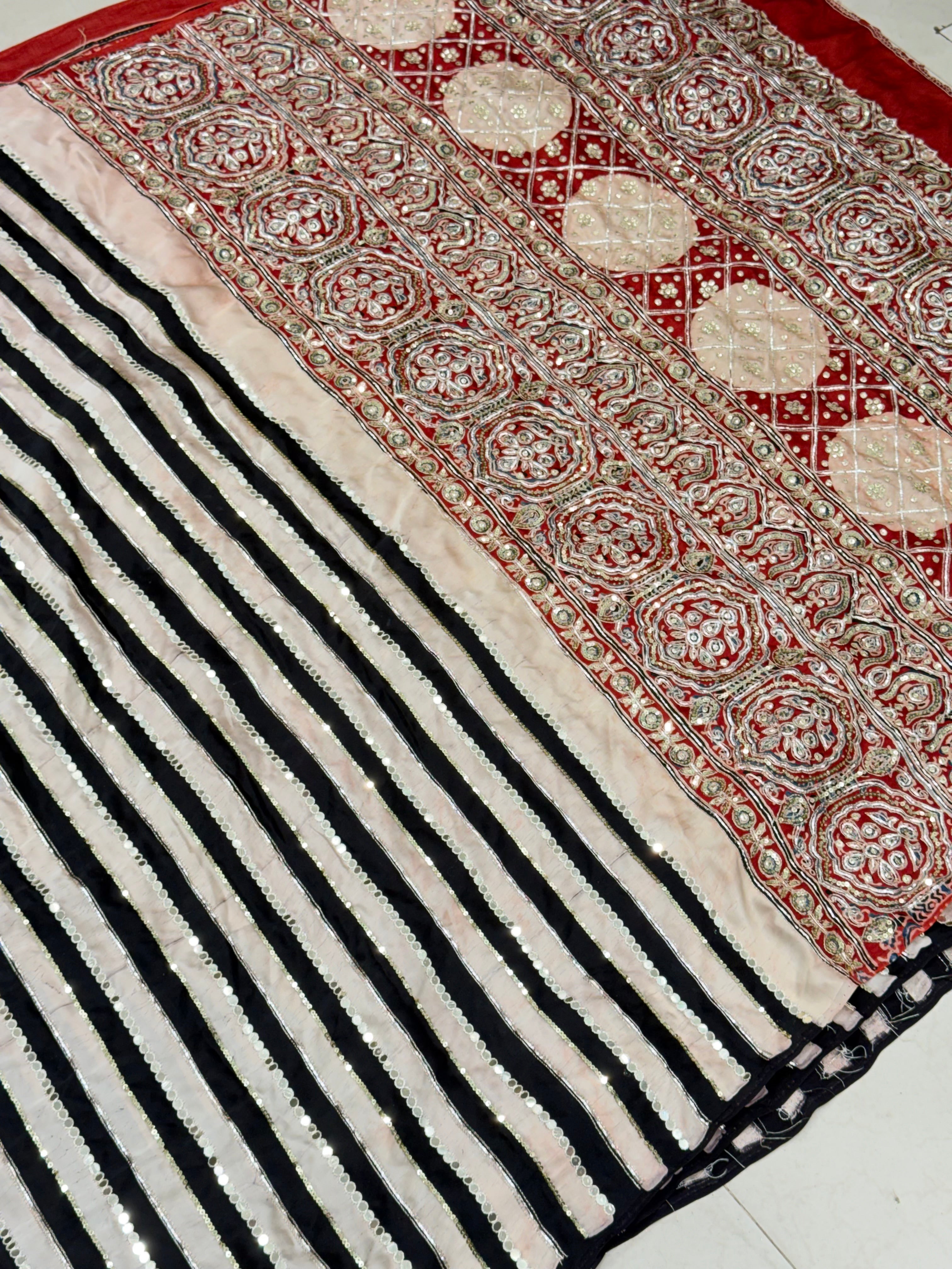 Black White Contemporary Mirror Ajrakh Hand Embroidery Saree