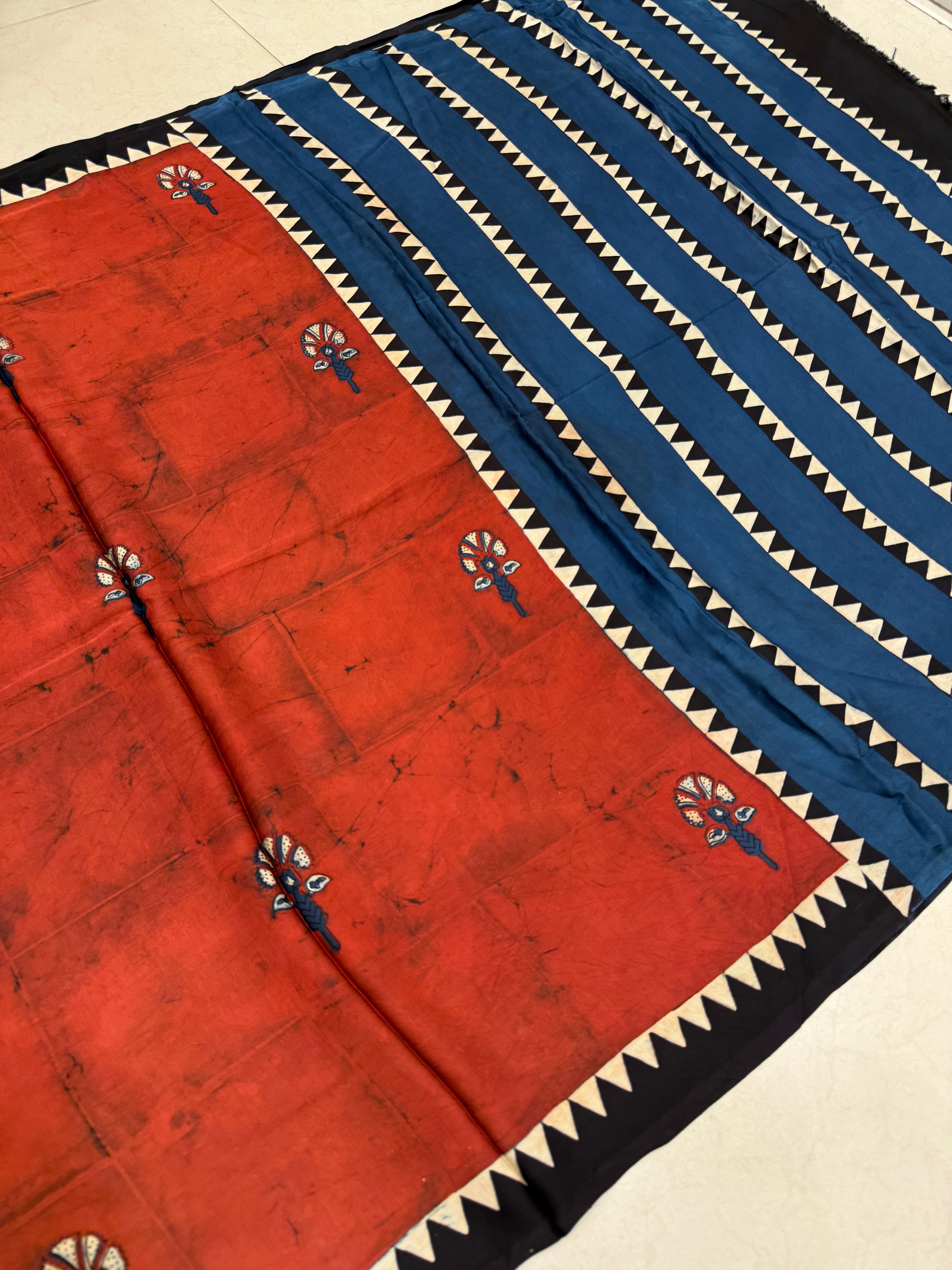 Rust Blue Butta Modal Gajji Silk Ajrakh Saree