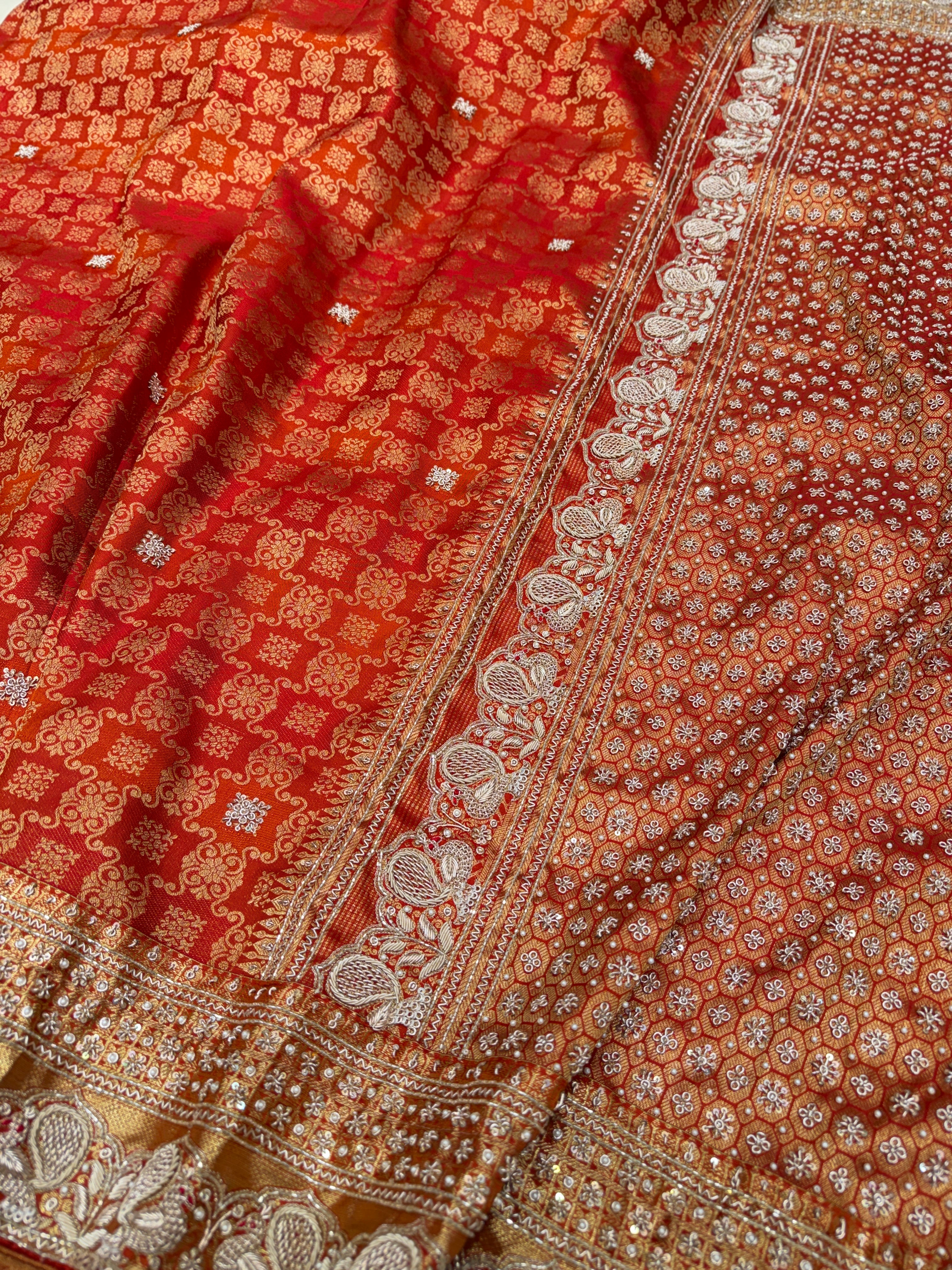 Rust Orange Kanjivaram Peacock Motif Hand Embroidery Zardosi Saree