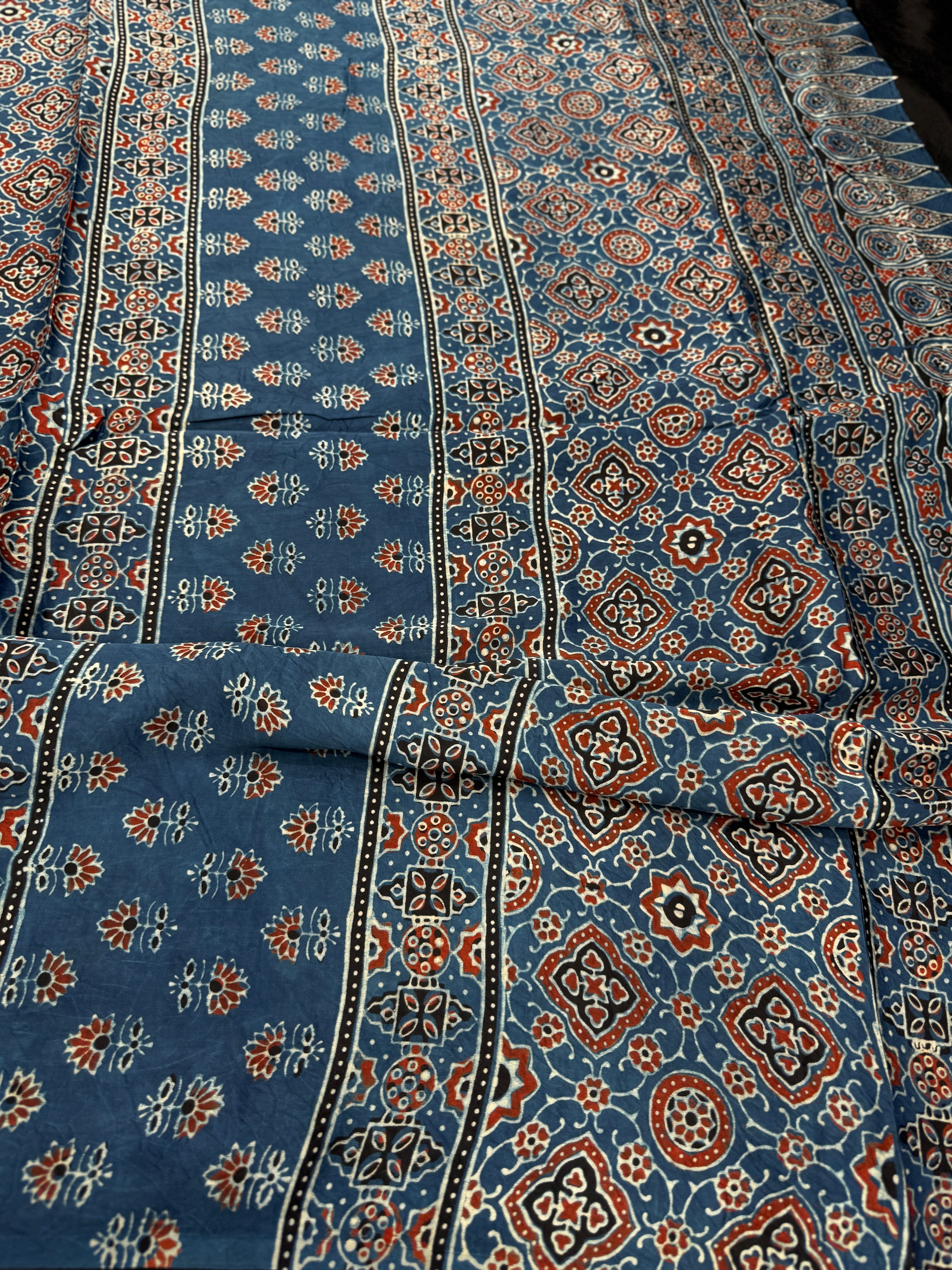 Blue Jewelled Jaal Ajrakh Modal Gajji Silk Saree