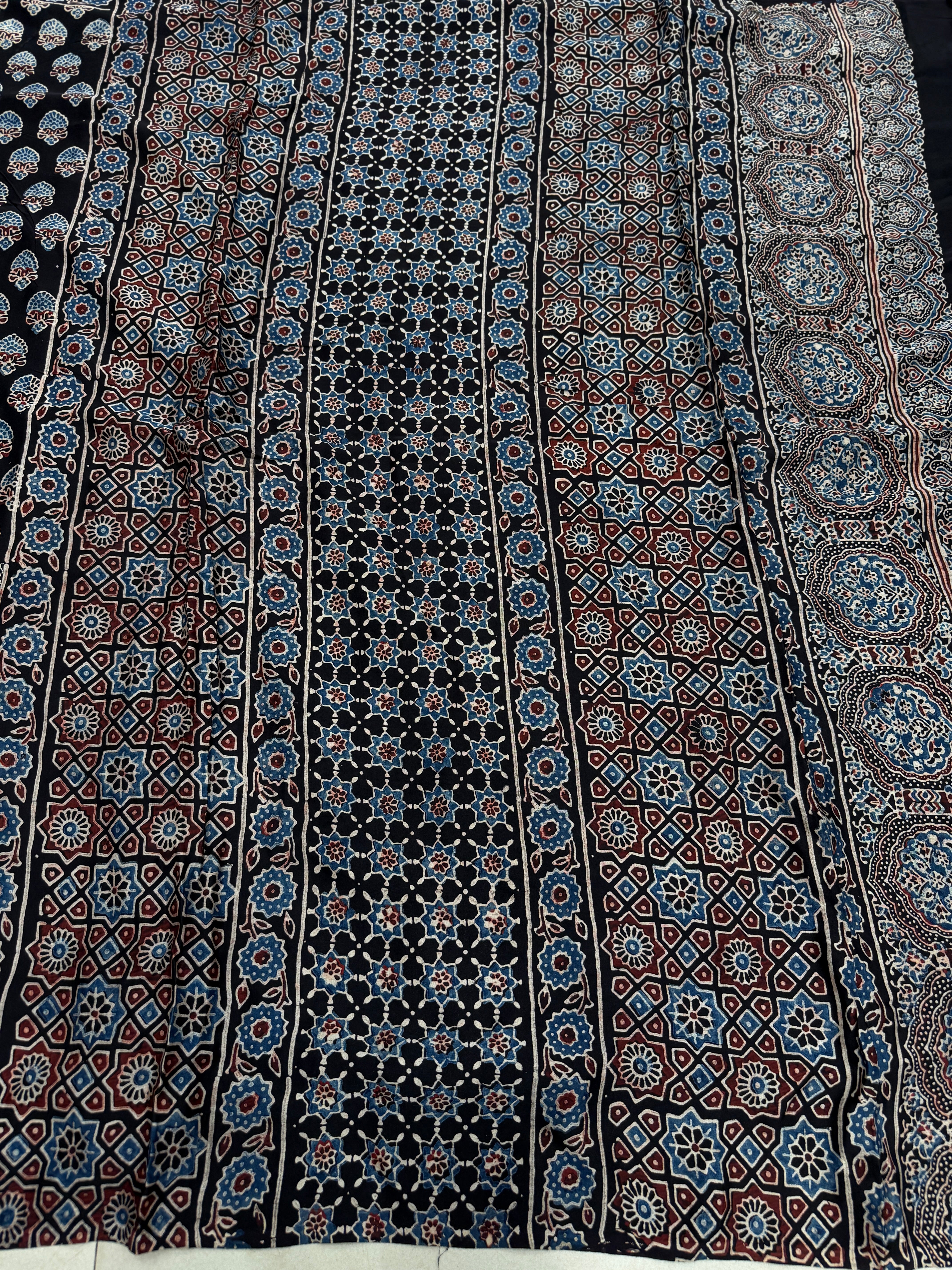 Black Keri Buttis Ajrakh Hand Block Print Pure Gajji Silk Saree