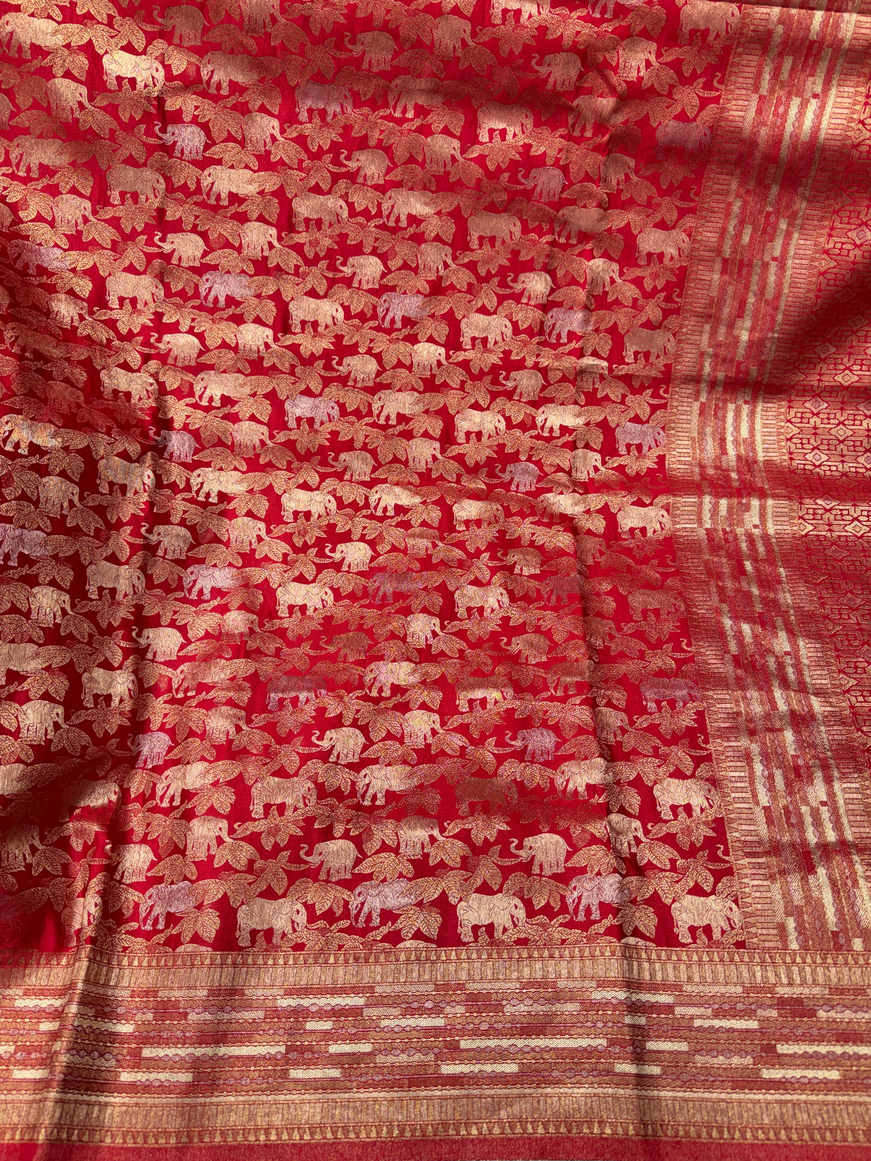 Red Banarasi Soft Silk Semi Elephant Motif Saree