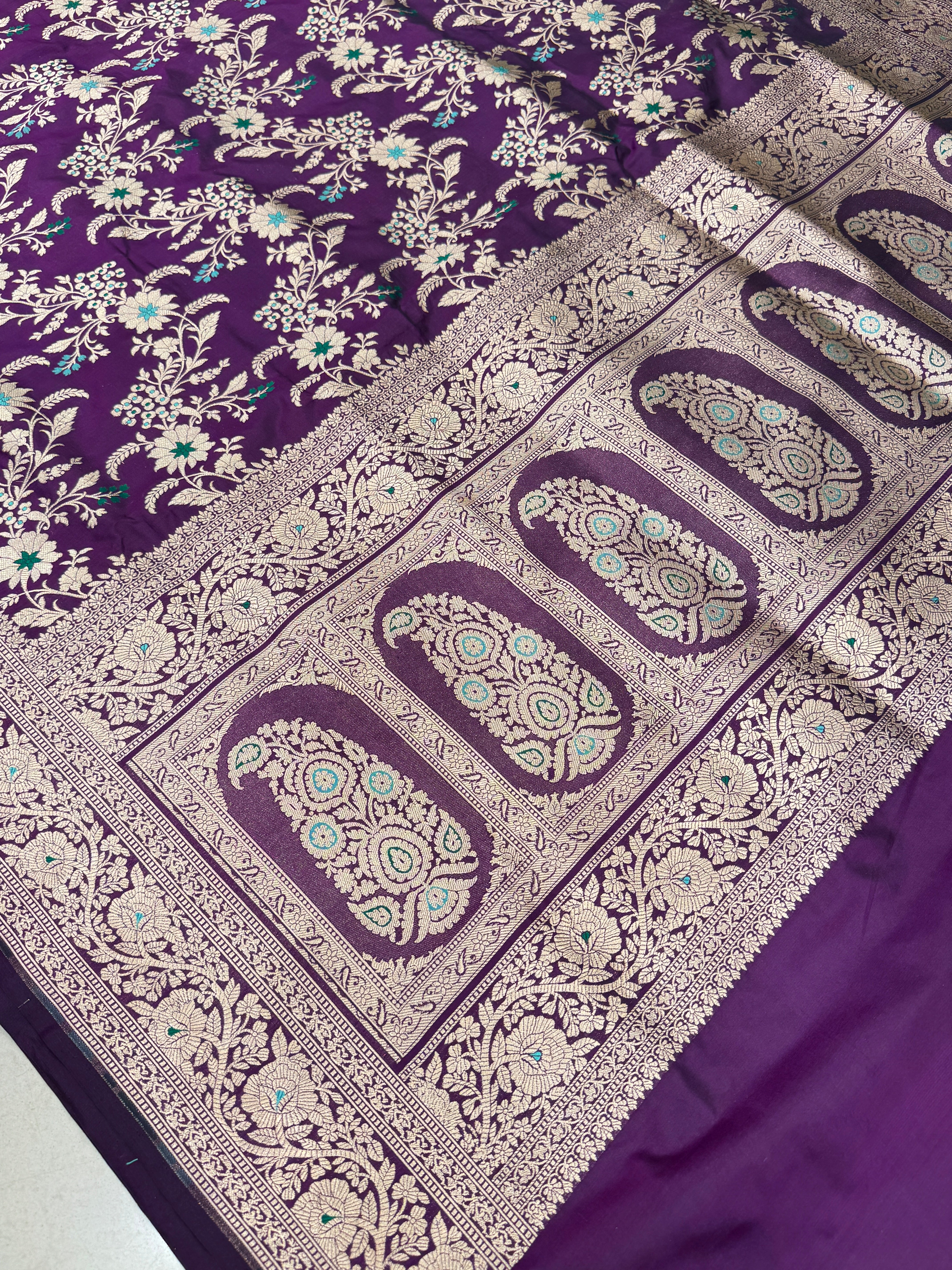 Violet Handloom Meenakari Katan Silk Saree Konai Pallu