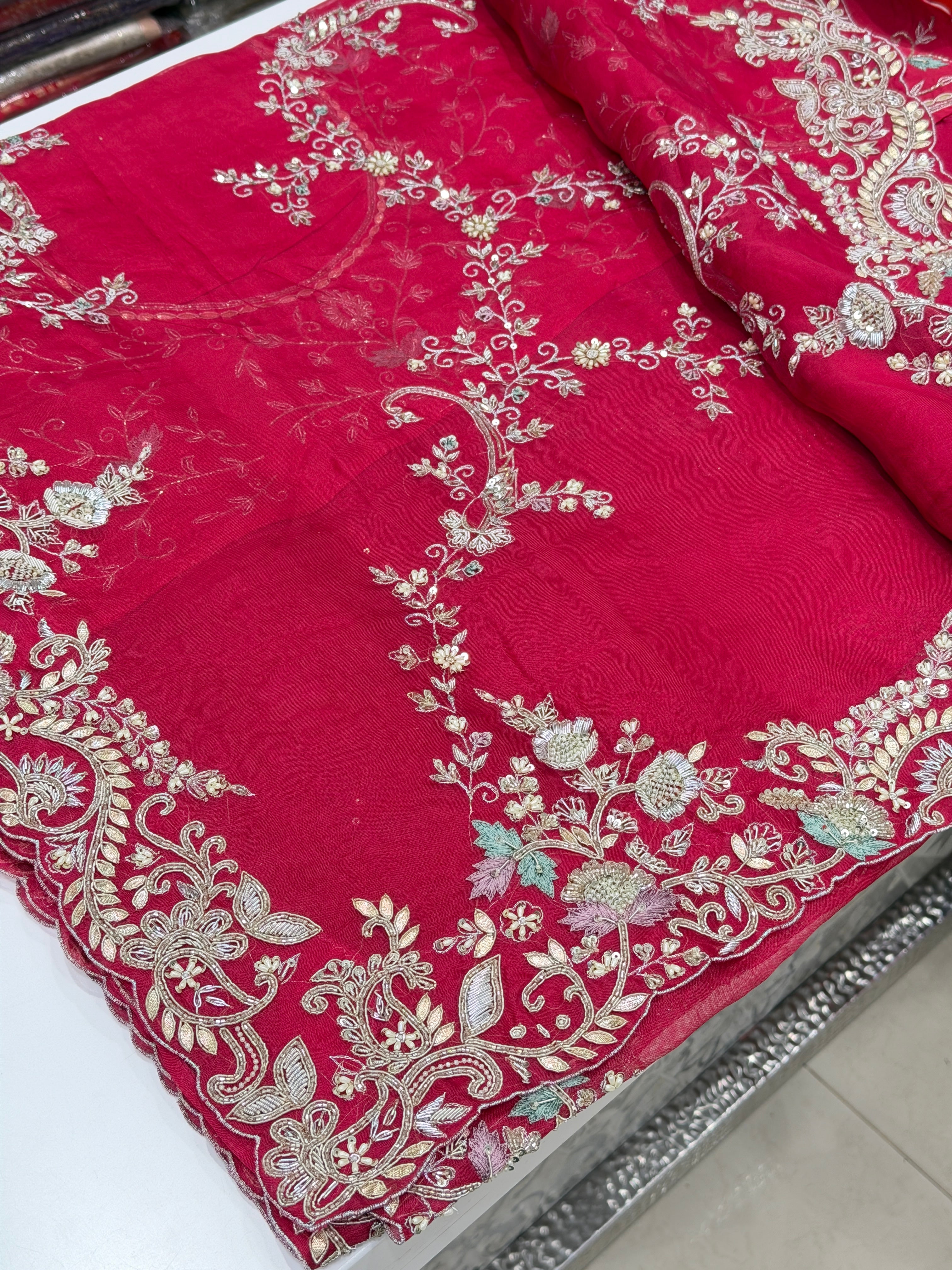 Rani Pink Organza Open Border Zardosi Hand Embroidery Saree