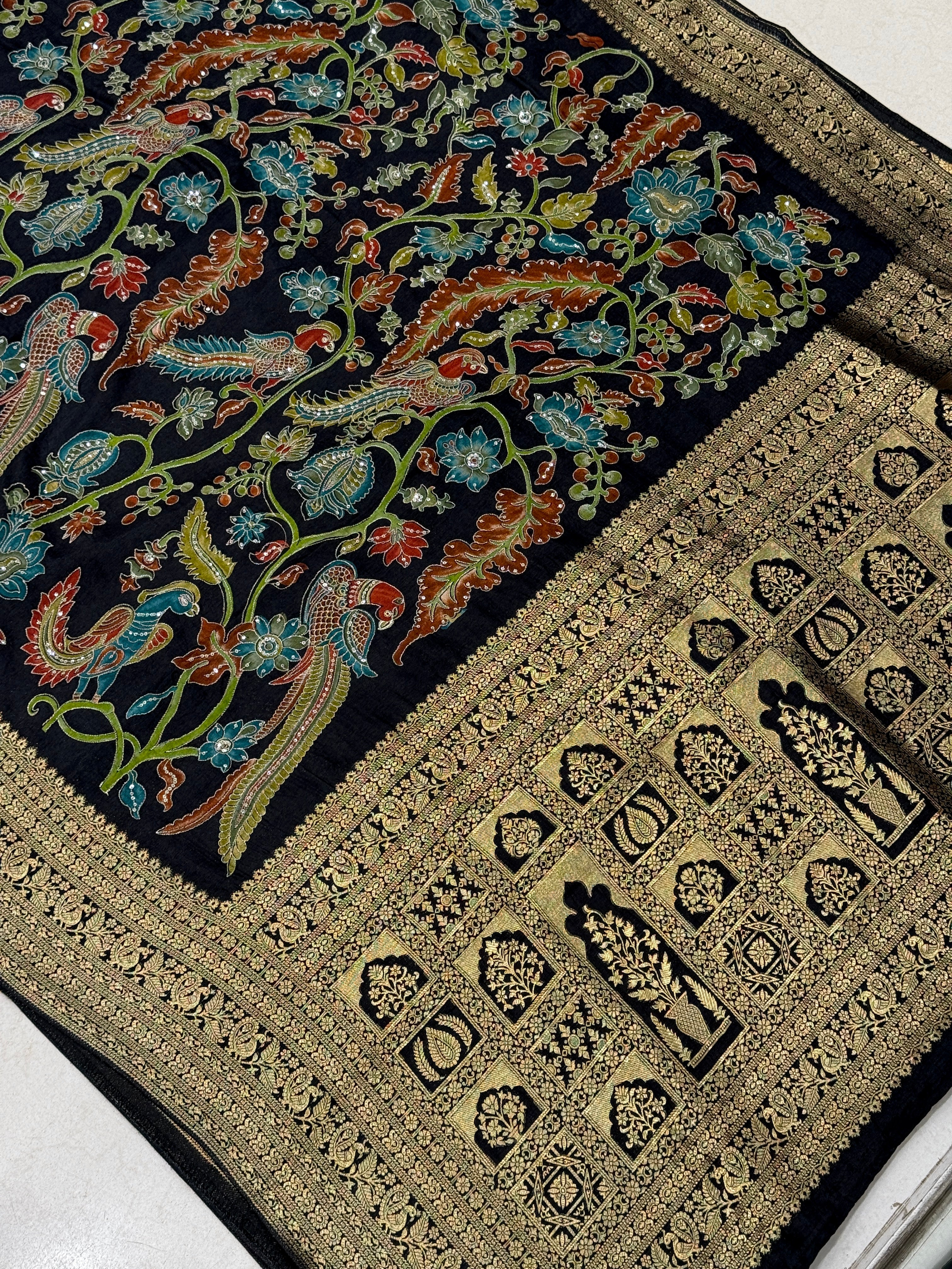 Black Kalamkari Weave Banarasi Munga Pita Embroidery Saree