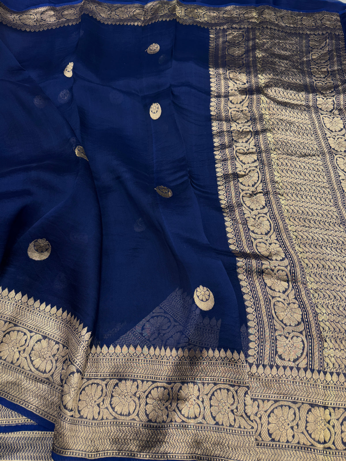 Blue Chand Buttis Handloom Banarasi Kora Silk Saree
