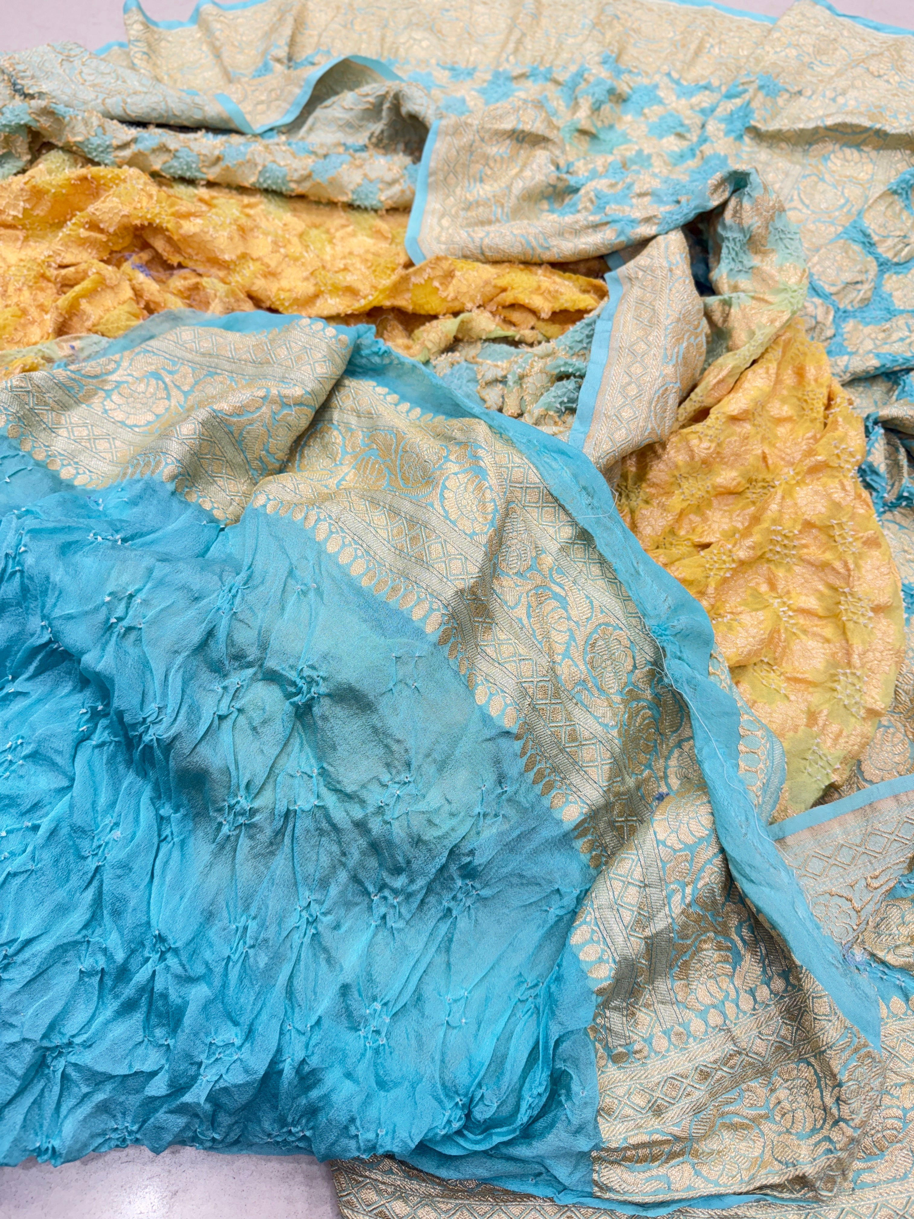 Light Blue Yellow Shaded Bandhej Bandhini Saree