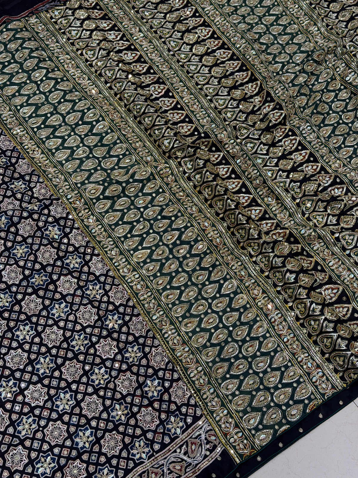 Black Green Pallu Jaal Pita Zardosi Sequin Ajrakh Hand Embroidery Saree