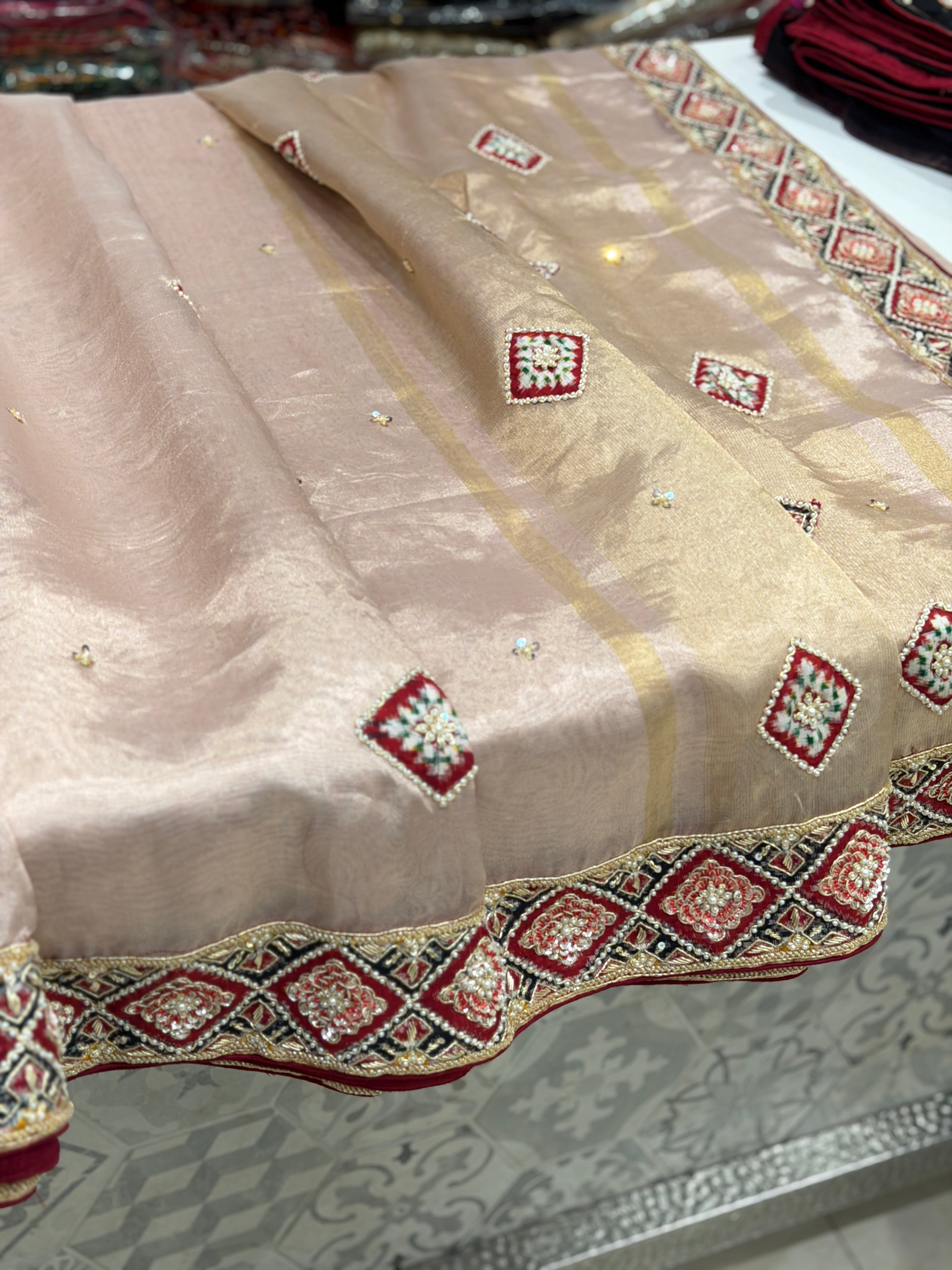 Pink Pure Tissue Patan Patola Patch Hand Embroidery Saree