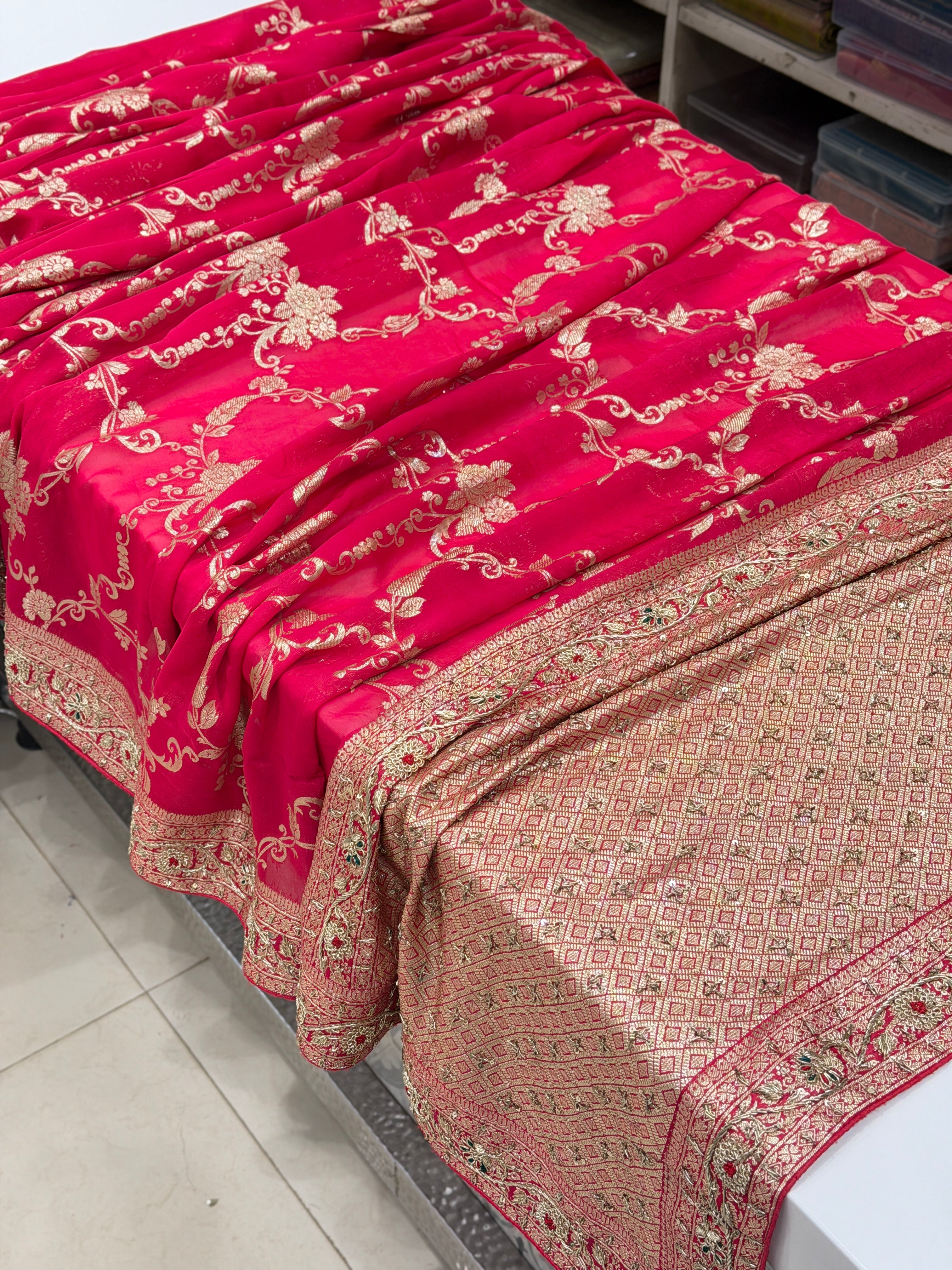 Rani Pink Satin Organza Zardosi Hand Embroidery Saree