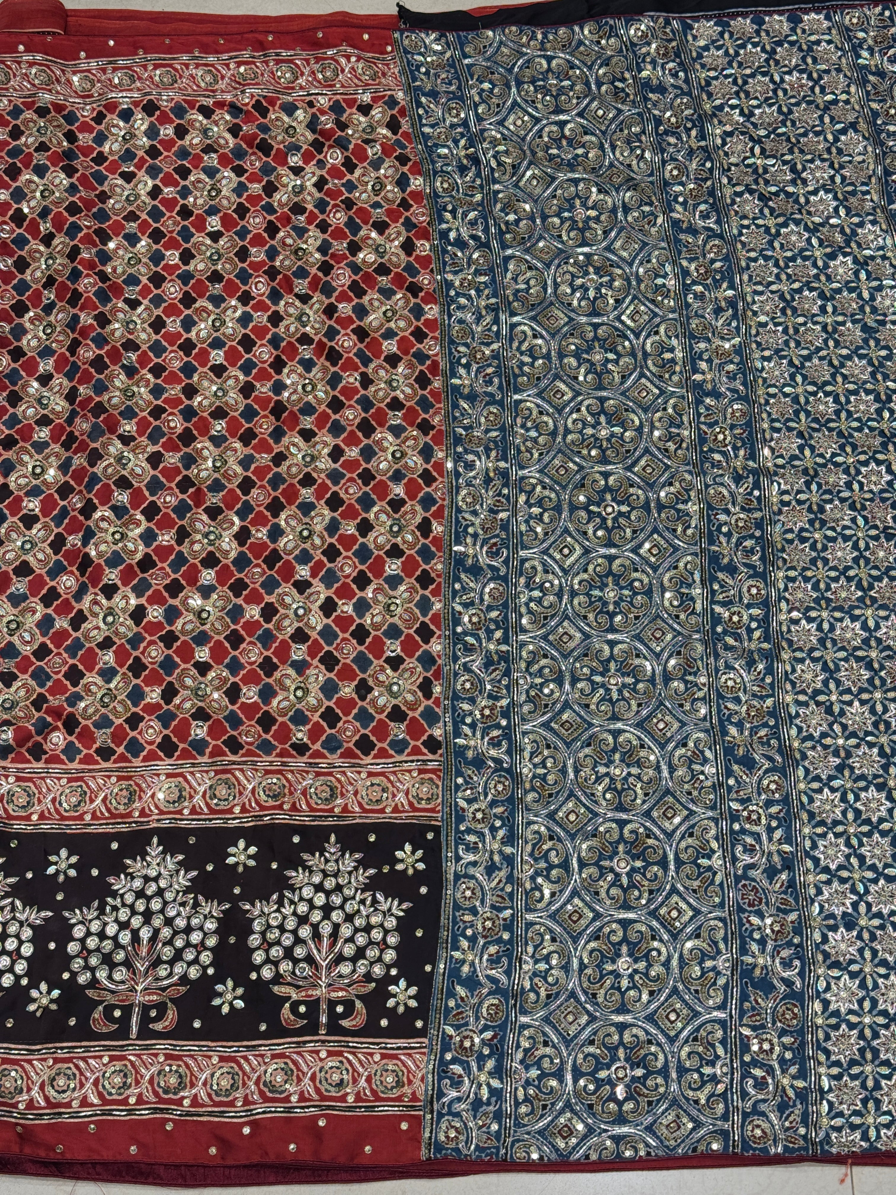 Red Blue Jali Buttas Pita Sequin Ajrakh Hand Embroidery Saree