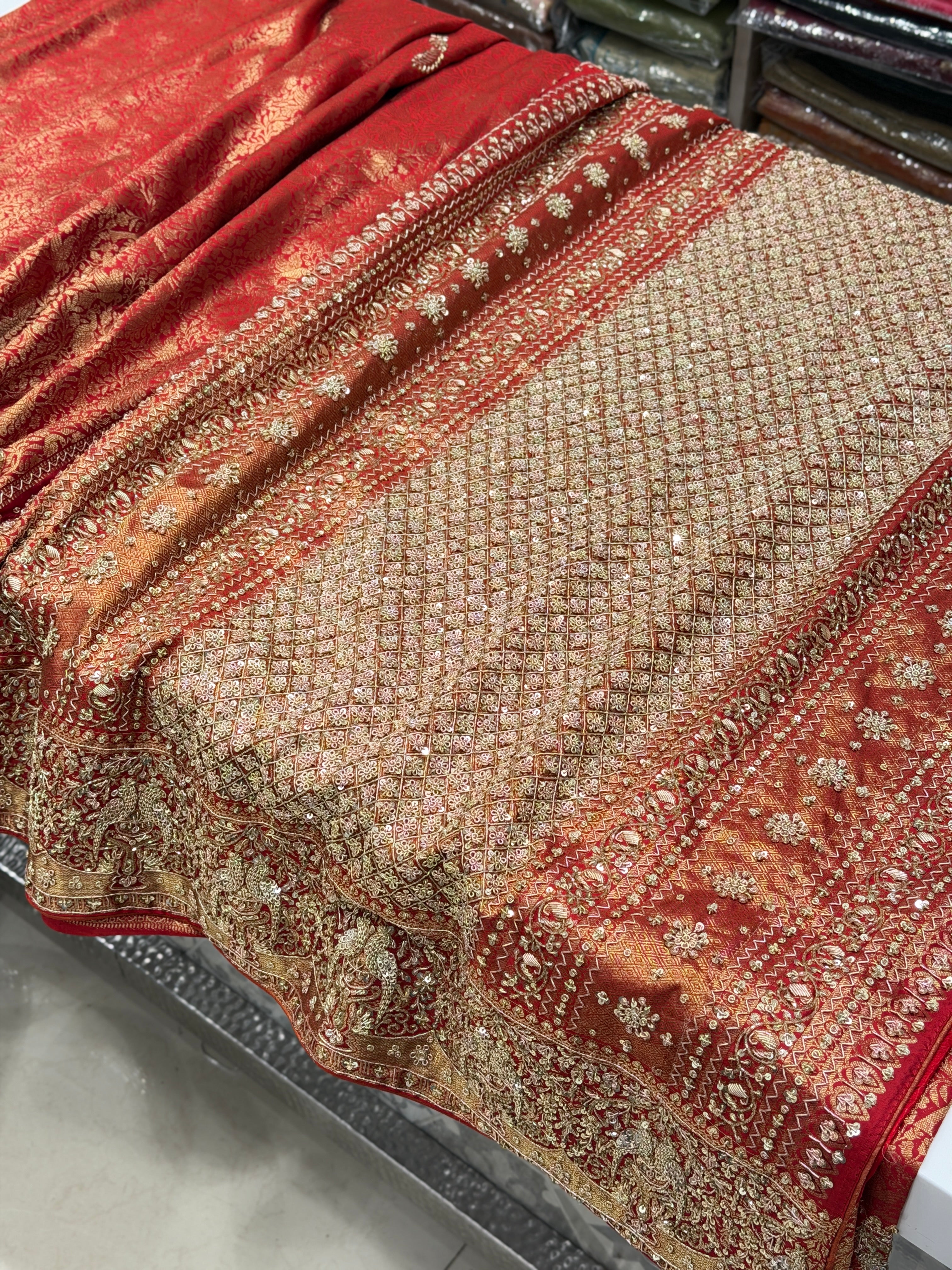 Red Kanjivaram Peacock Motif Hand Embroidery Zardosi Saree