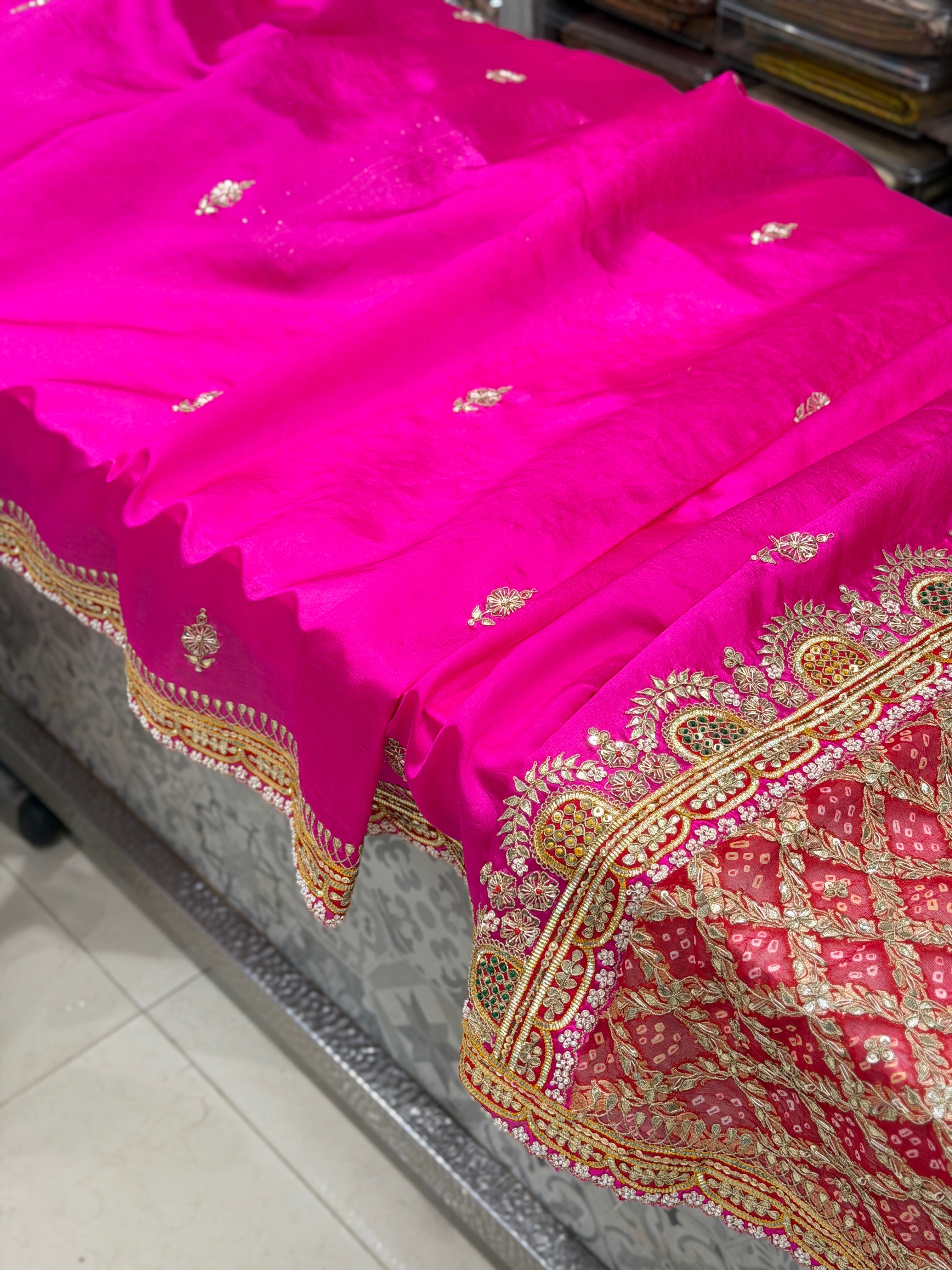 Rani Pink Pure Silk Bandhej Marodi Hand Embroidery Saree