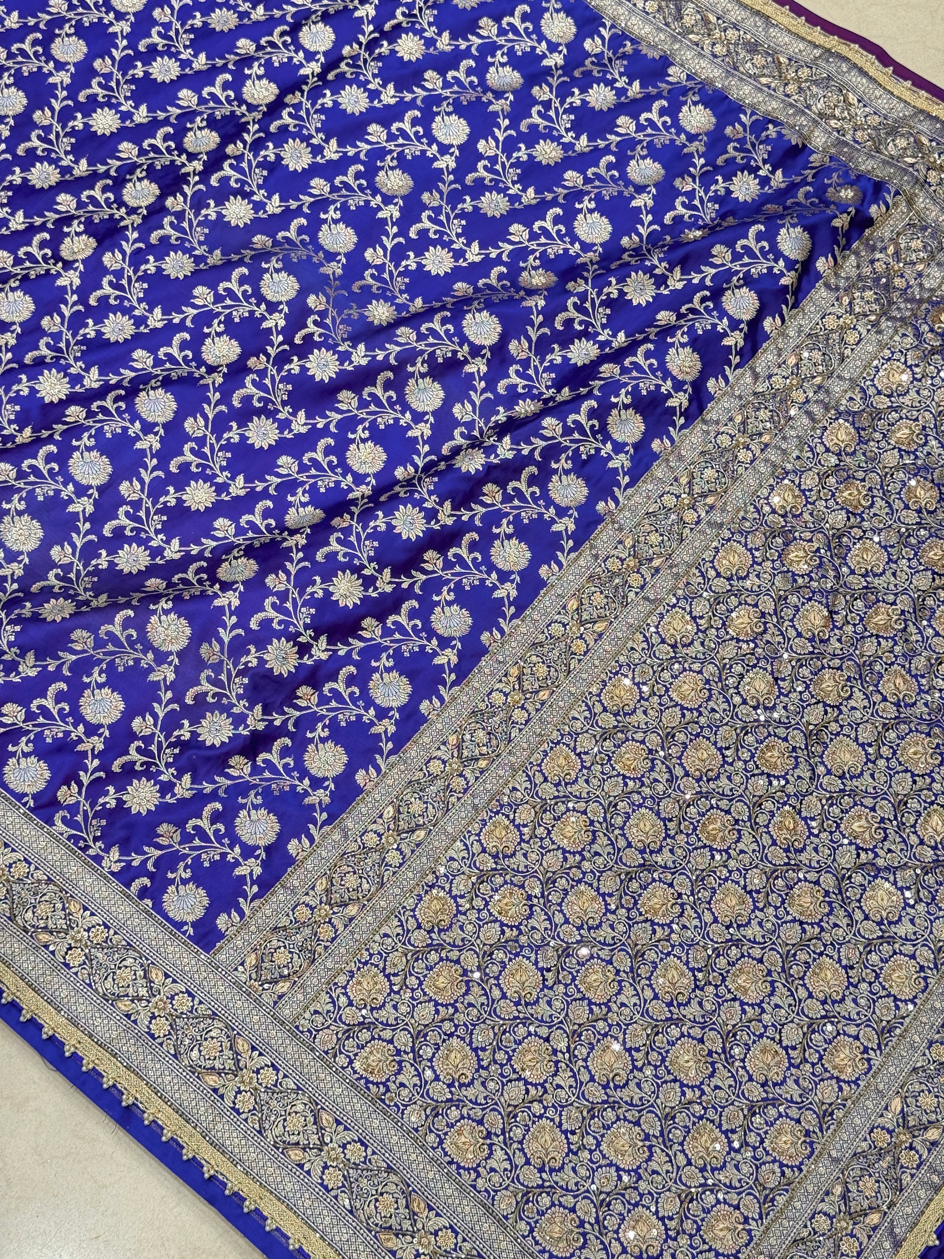 Blueish Purple Banarasi Silk Dhup Chav Hand Embroidery Zardosi Saree