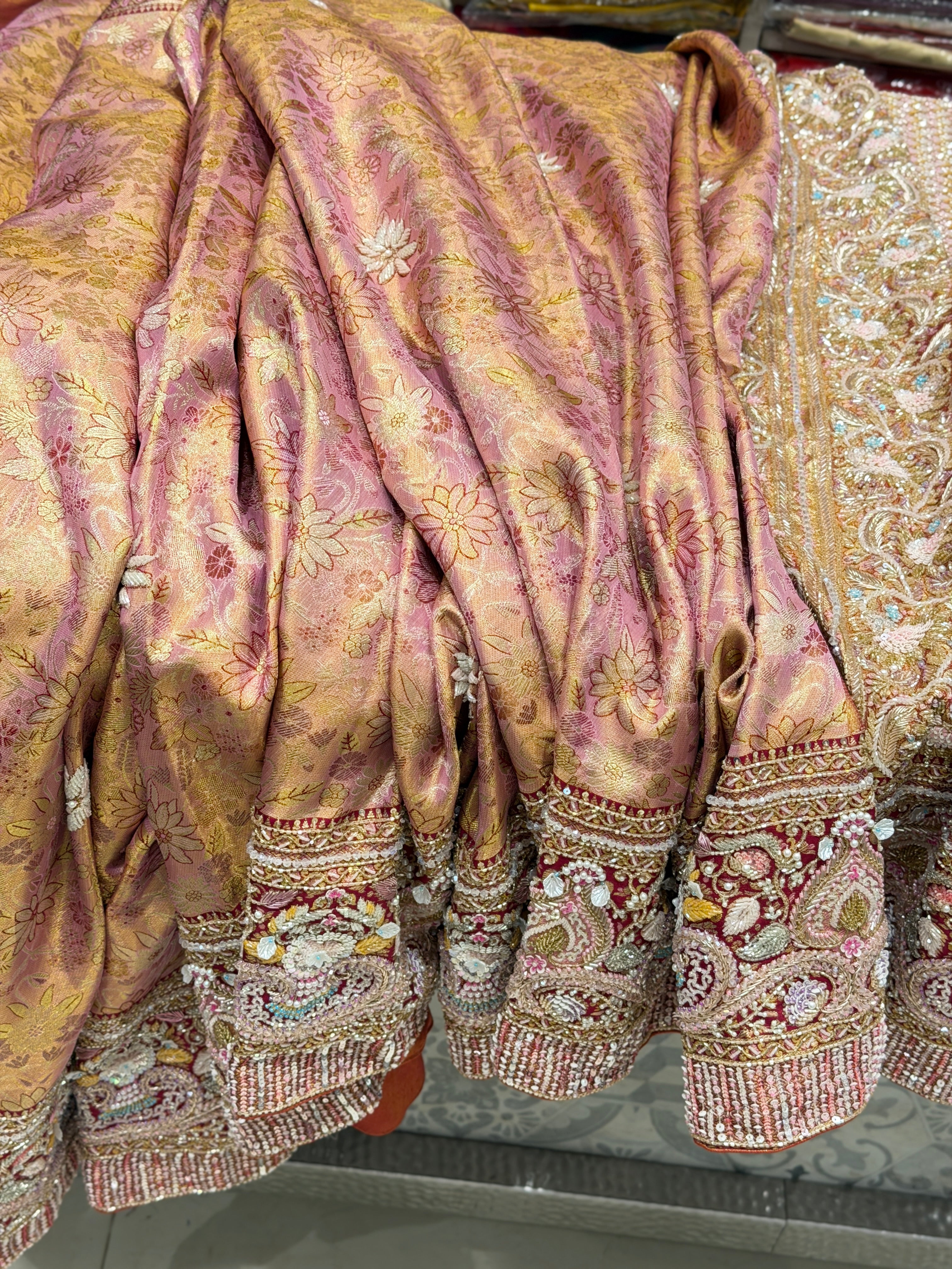 Pink Meenakari Tissue Kanjivaram Moti Zardosi Hand Embroidery Saree