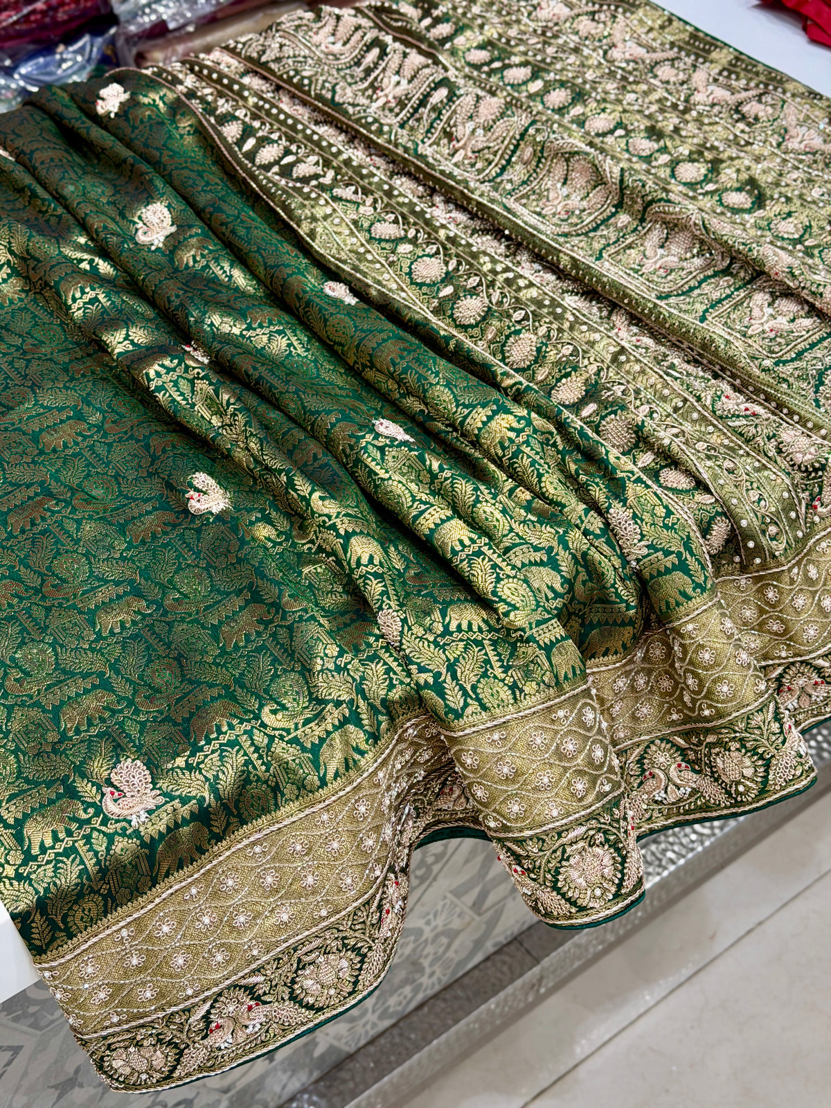Bottle Green Kanjivaram Peacock Motif Hand Embroidery Zardosi Saree