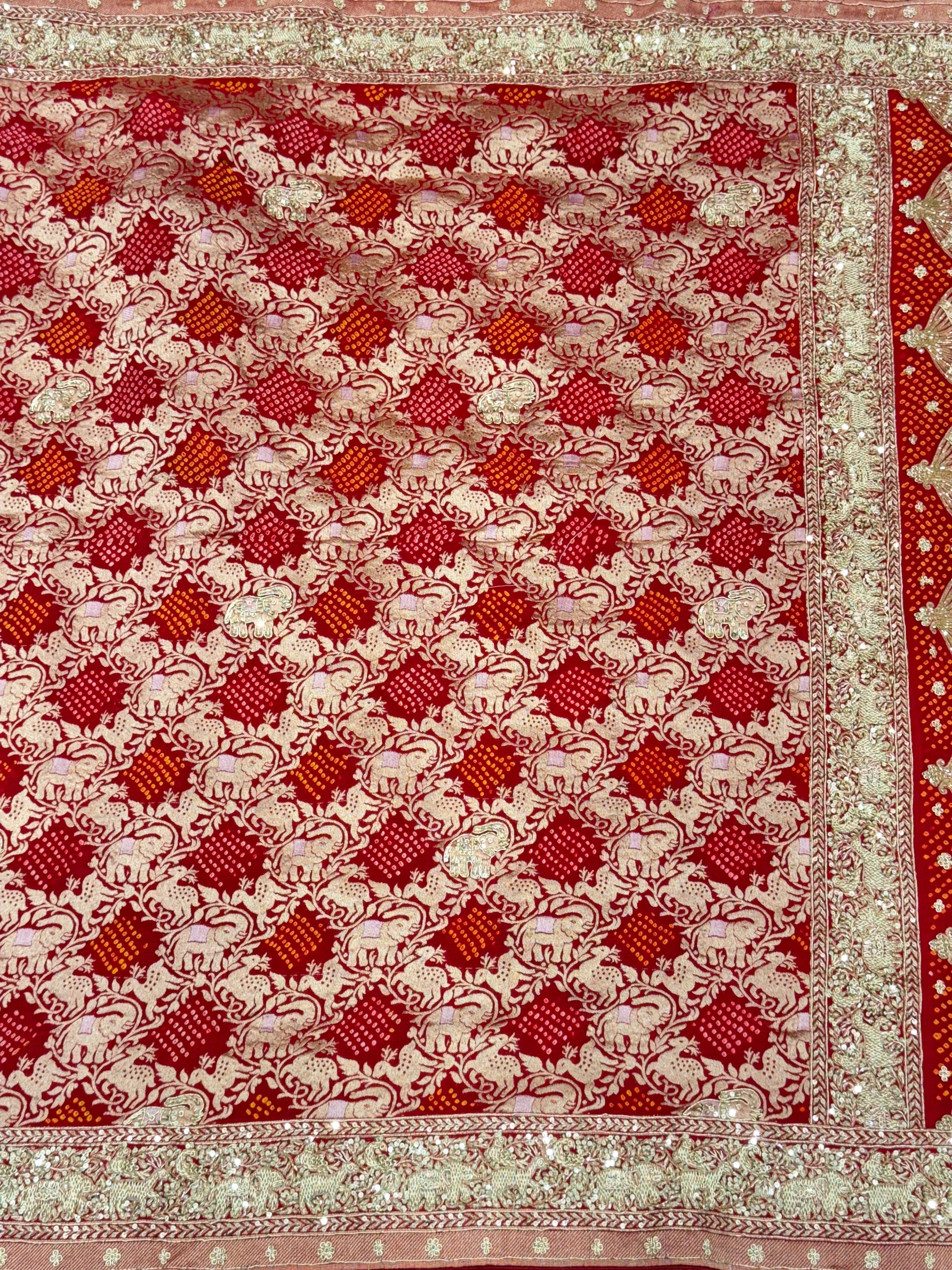 Red Shikara Sona Roopa Rai Bandhej Georgette Zardosi Hand Embroidery Saree